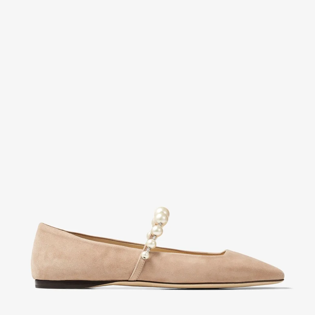 Ade Flat Ballet Pink Suede Flats with Pearl Embellishment