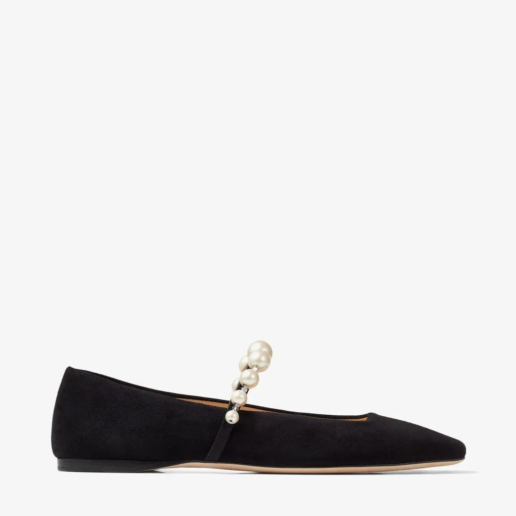 Ade Flat Black Suede Flats with Pearl Embellishment