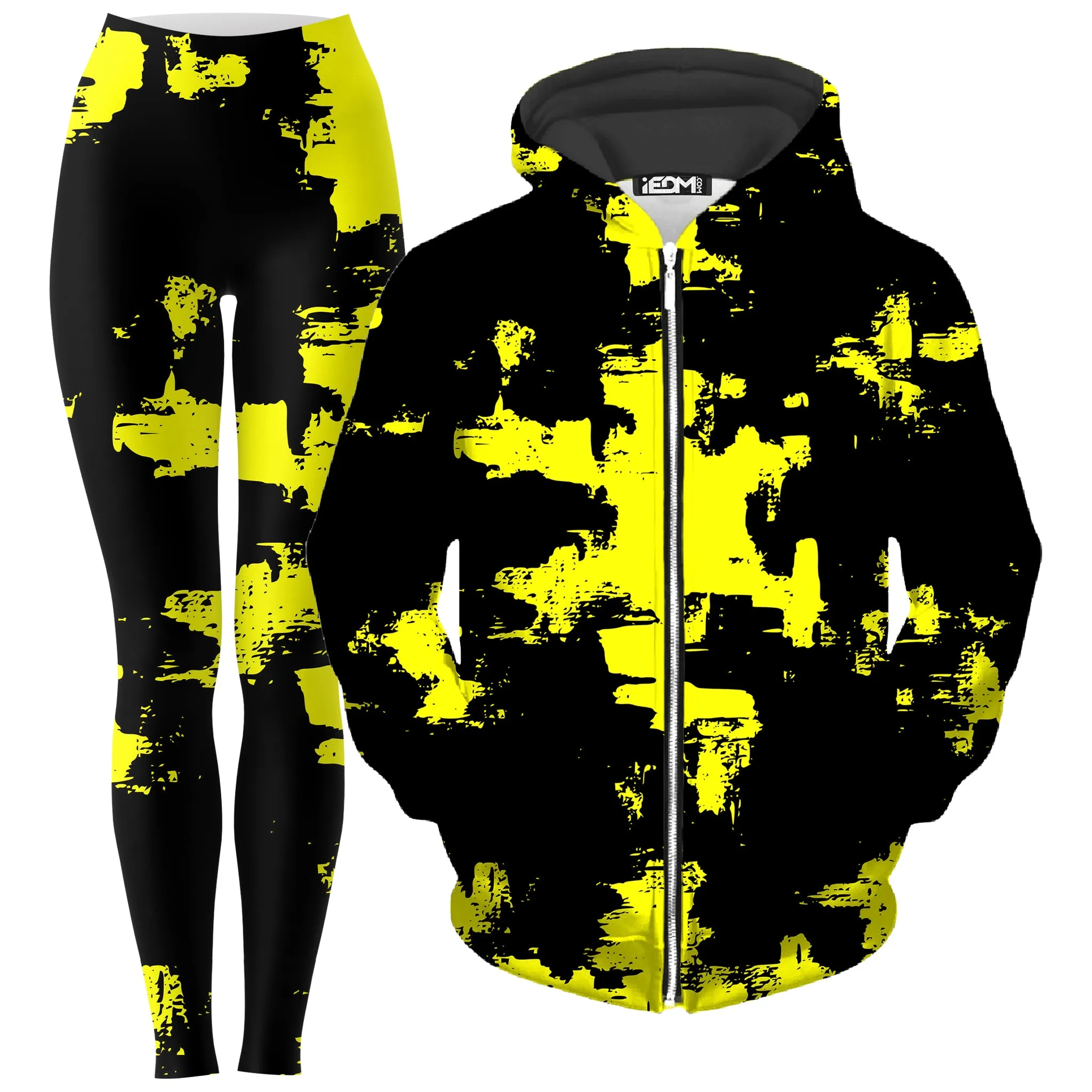 Black and Yellow Abstract Zip-Up Hoodie and Leggings Combo