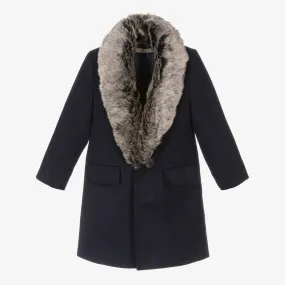 Boys Blue Faux Fur Trim Coat