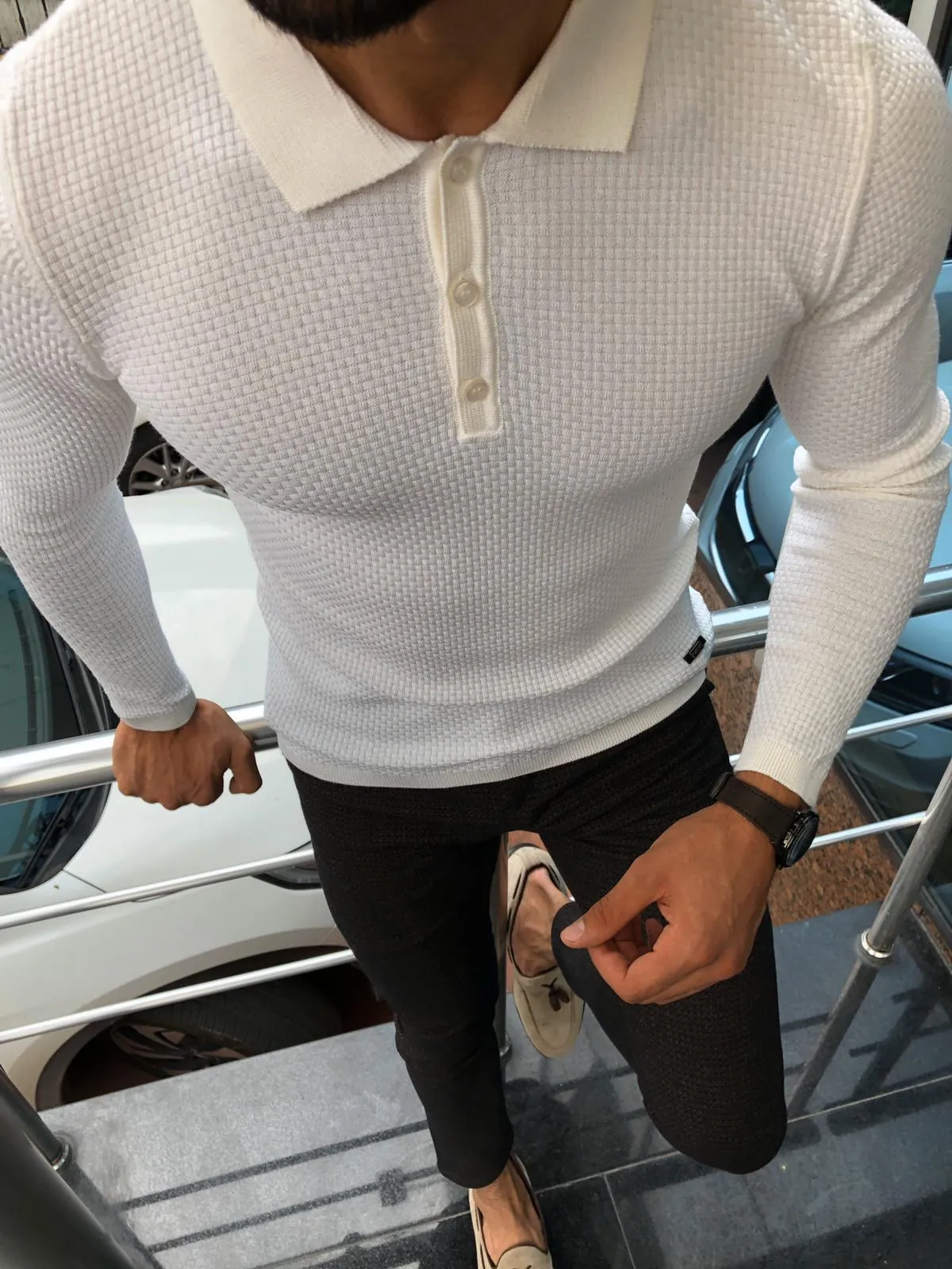 Carlos Slim-Fit Polo Sweater White