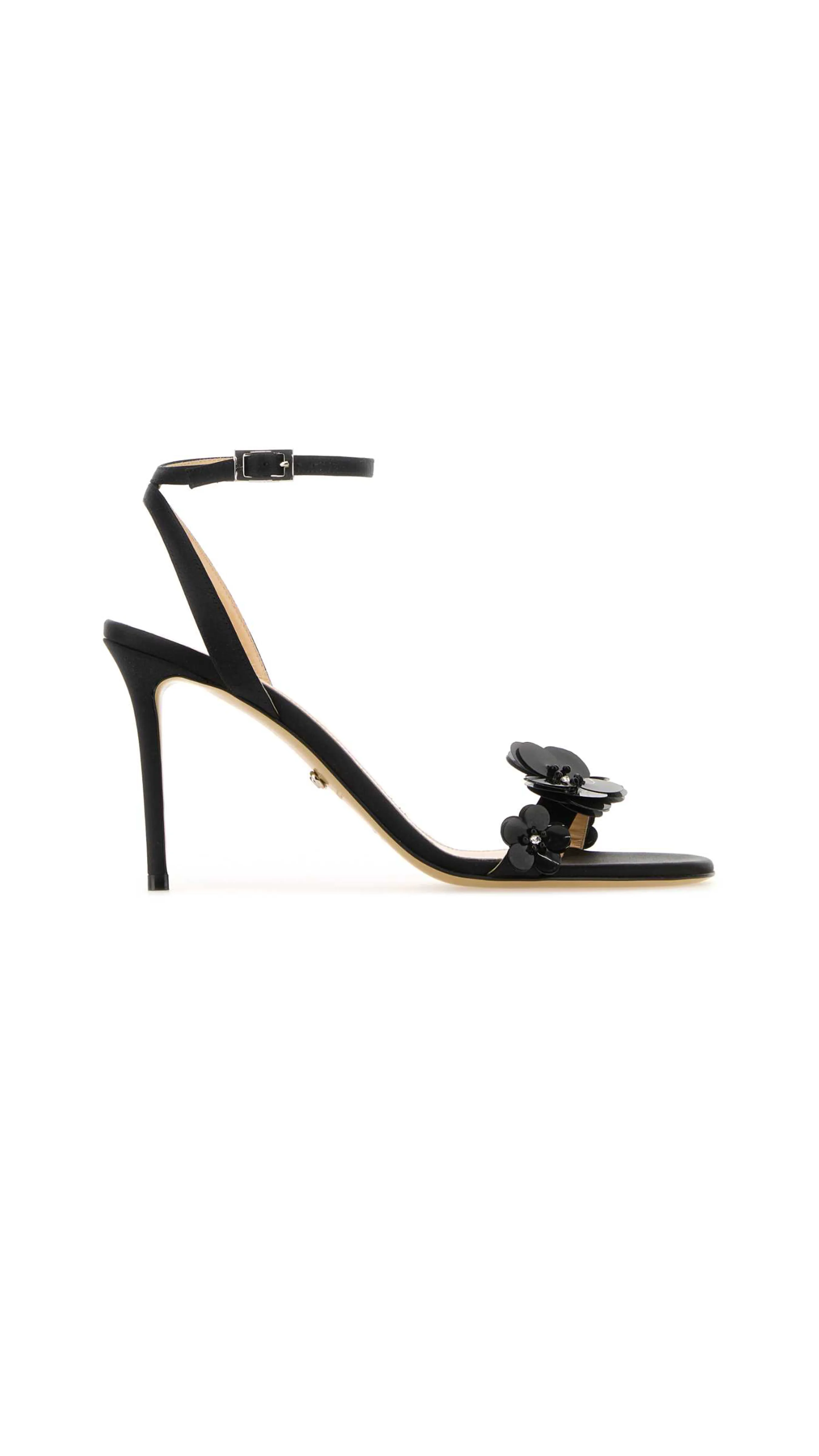 Floral-appliqué Satin Sandals - Black