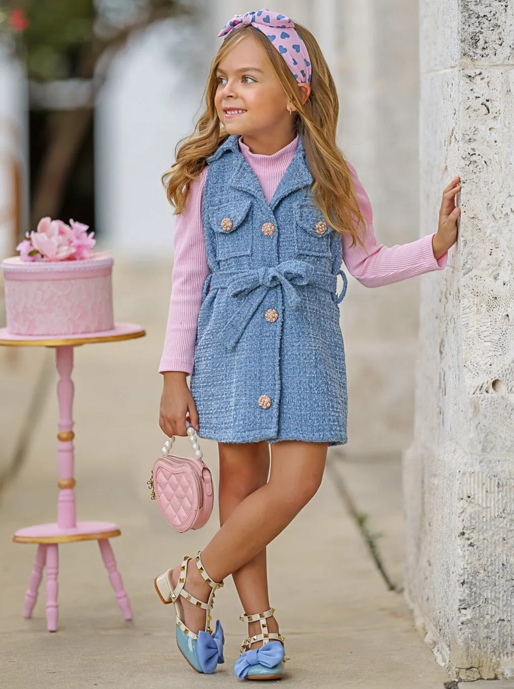 Forever Chic Pink Sweater and Belted Tweed Shacket Dress Set