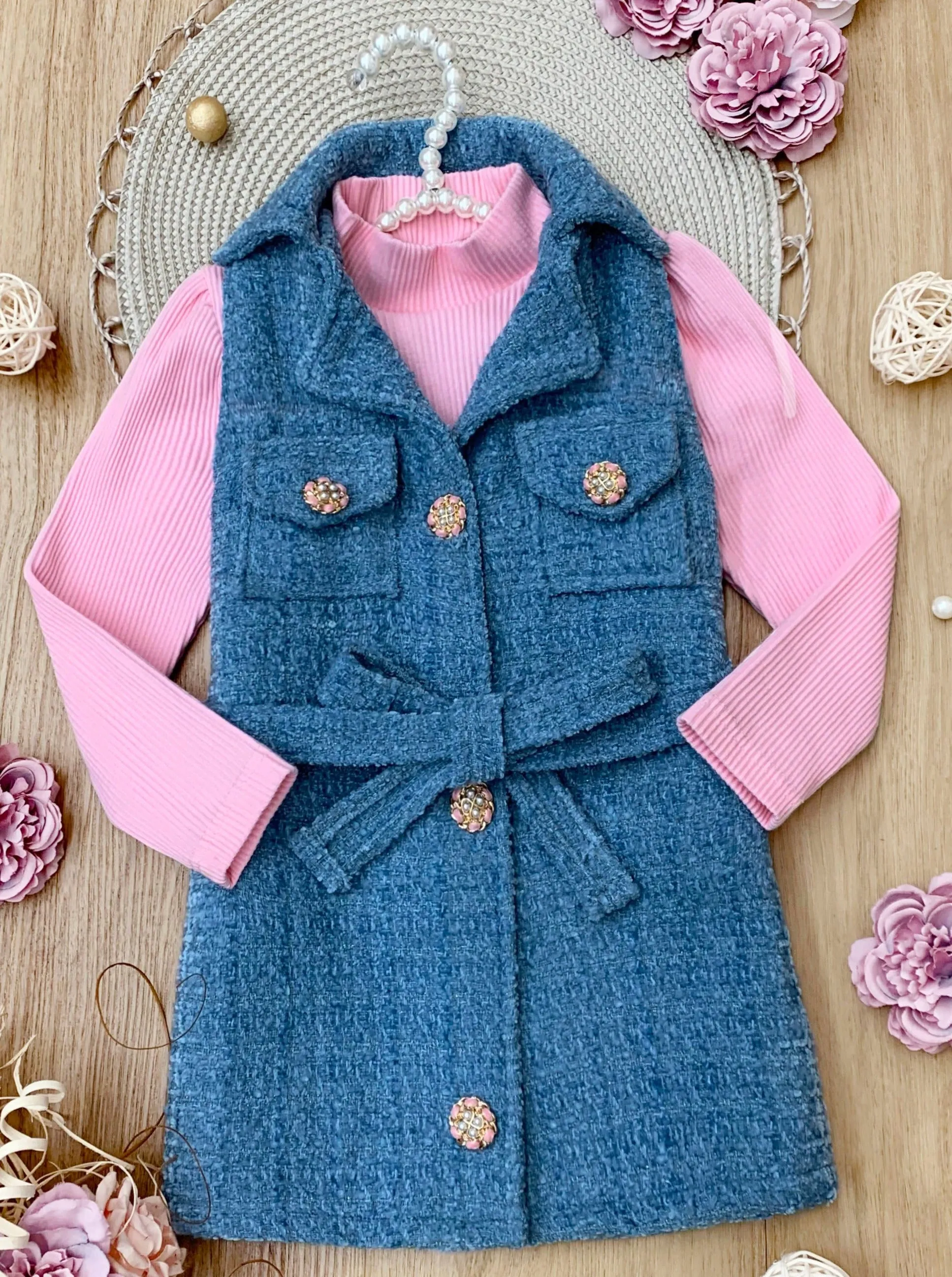 Forever Chic Pink Sweater and Belted Tweed Shacket Dress Set