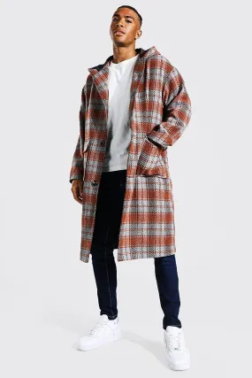 Hooded Check Longline Coat | boohooMAN UK