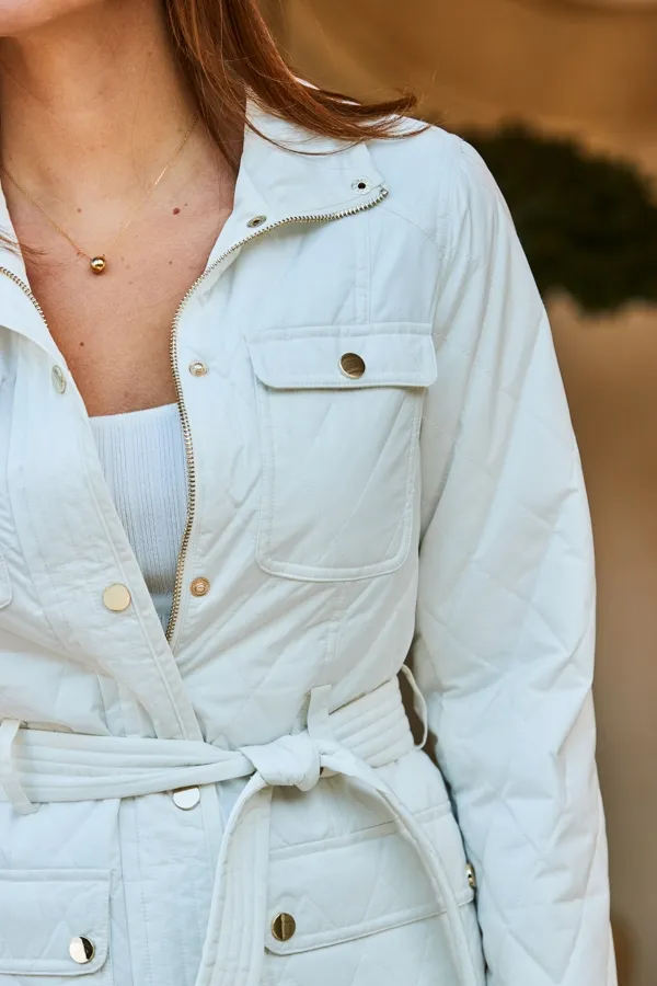 Ivory Lightweight Quilted Coat With Belt