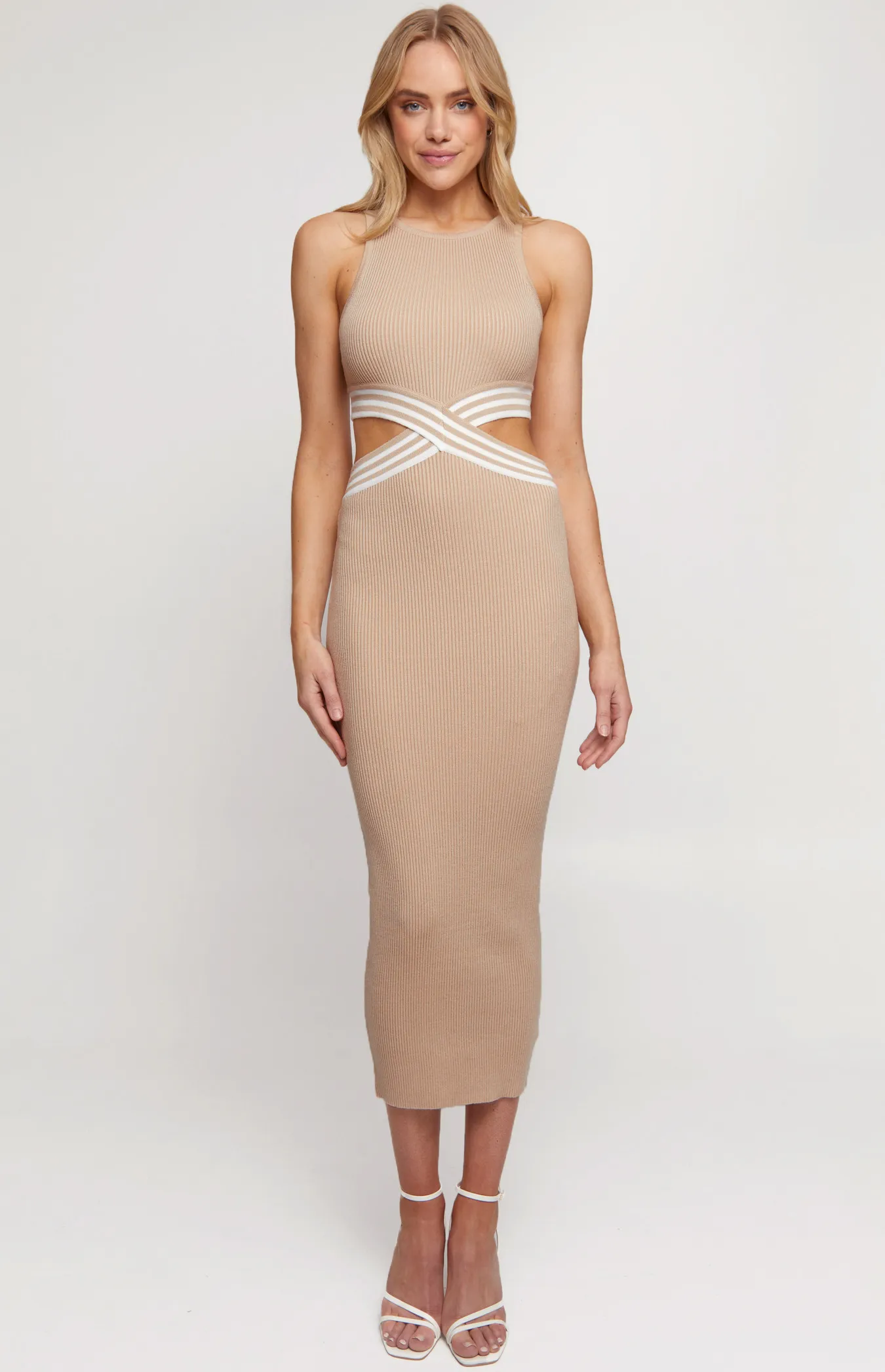 Knit Midi Dress with Contrast Stripe Waist Cut Out Feature (WKN408)