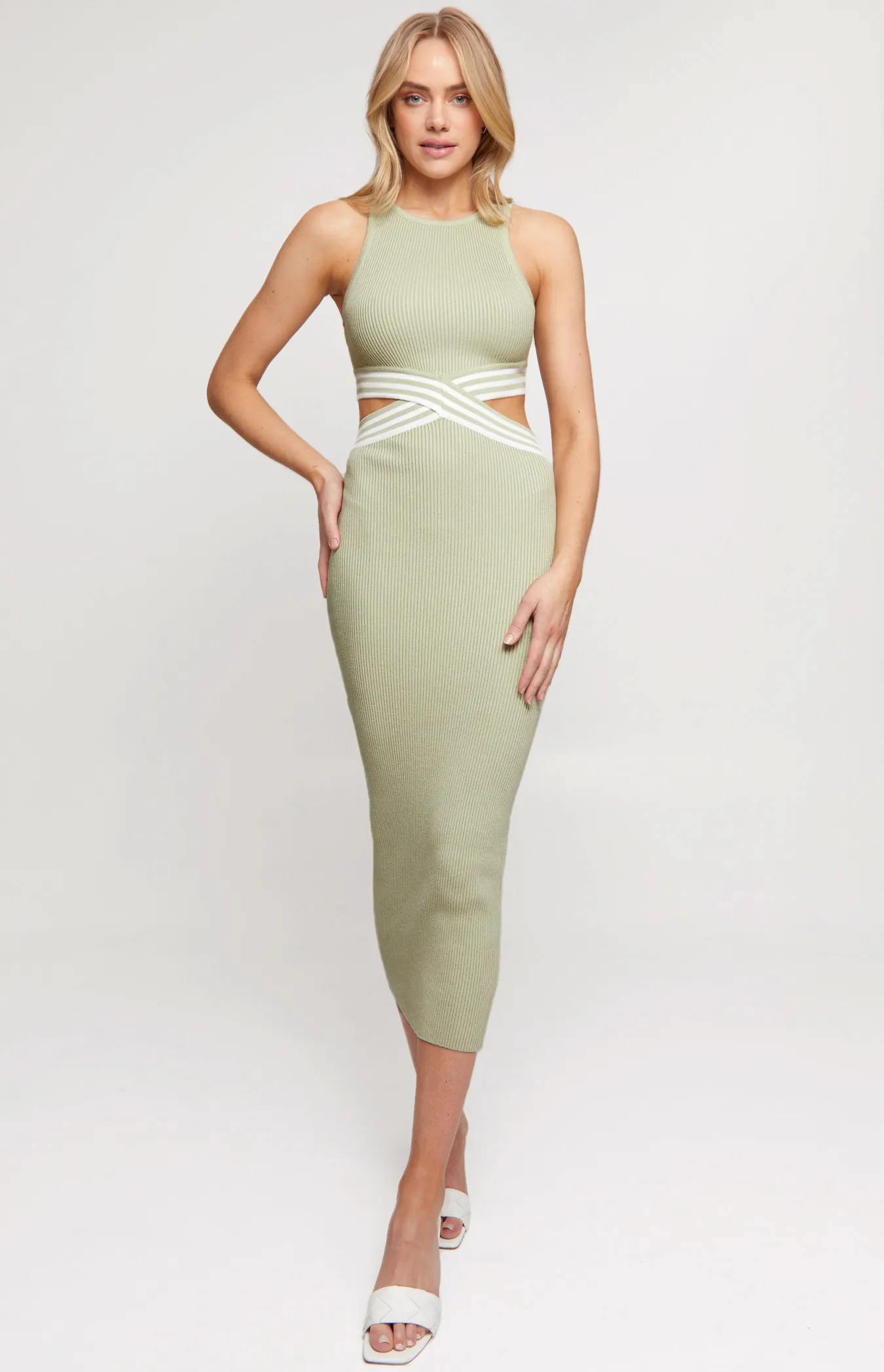 Knit Midi Dress with Contrast Stripe Waist Cut Out Feature (WKN408)