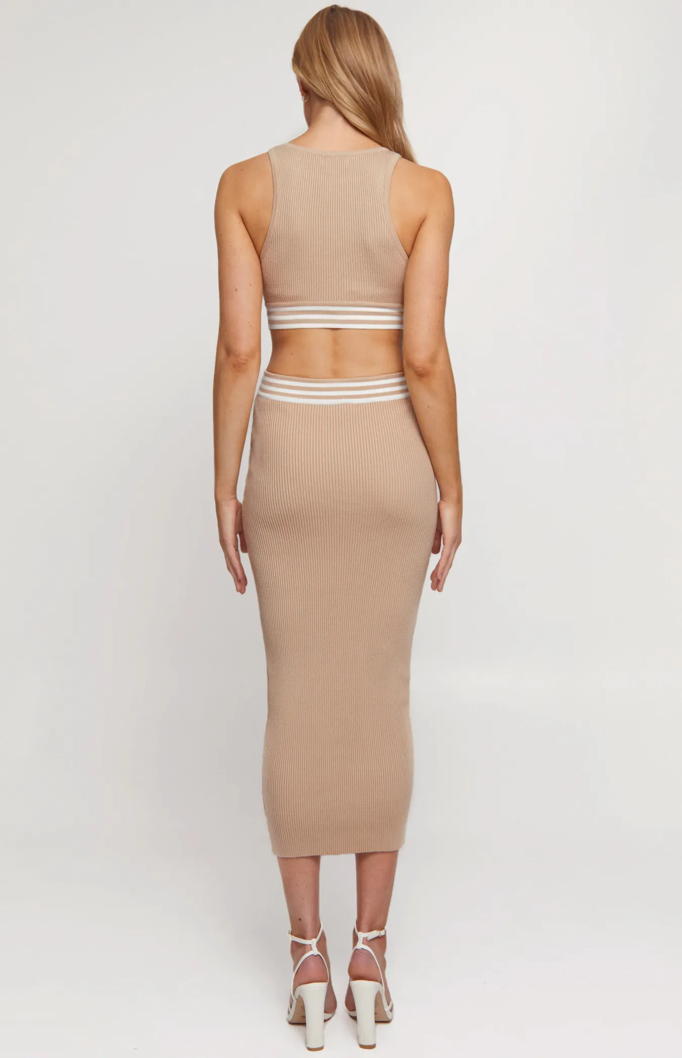 Knit Midi Dress with Contrast Stripe Waist Cut Out Feature (WKN408)