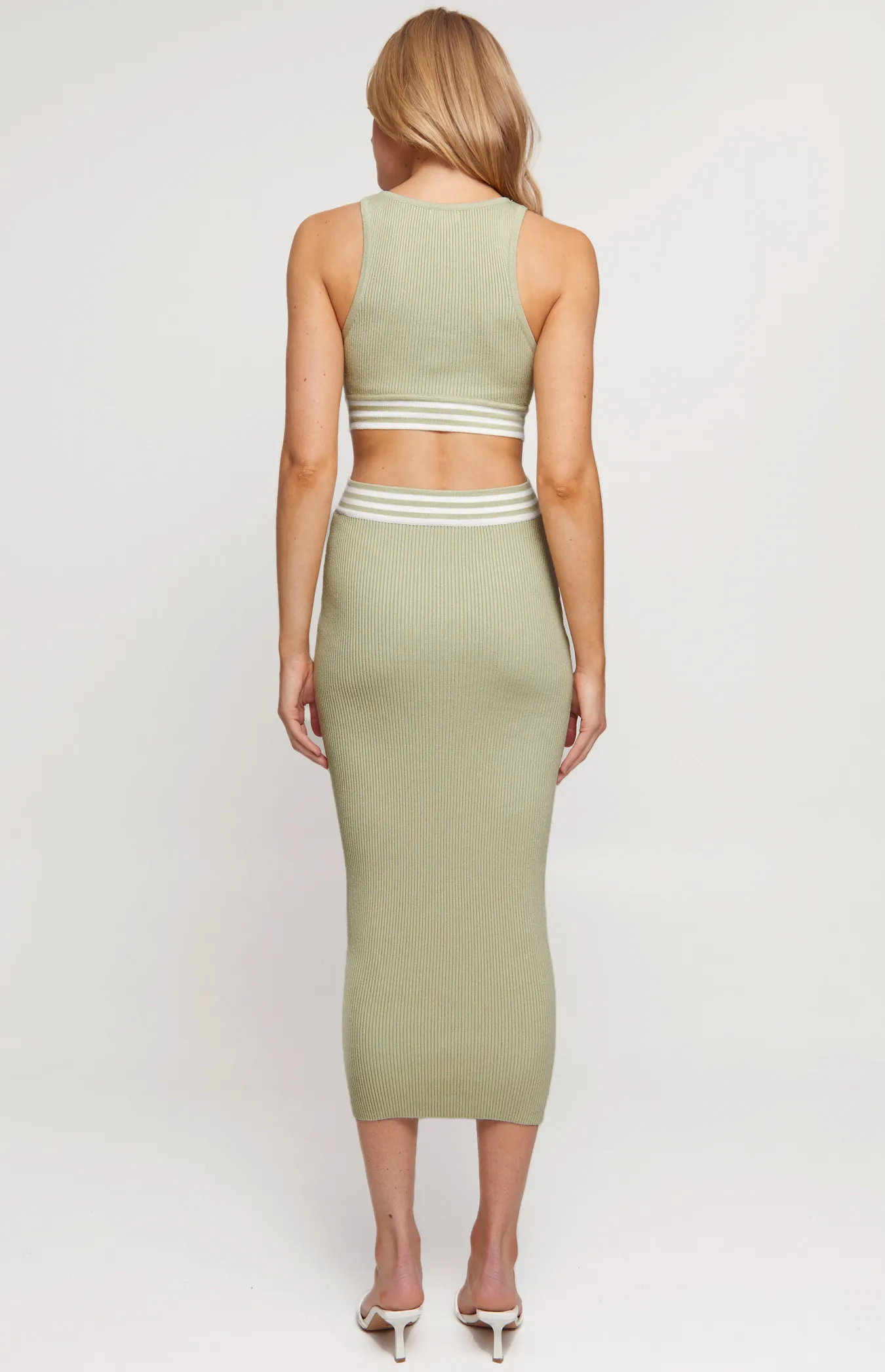 Knit Midi Dress with Contrast Stripe Waist Cut Out Feature (WKN408)