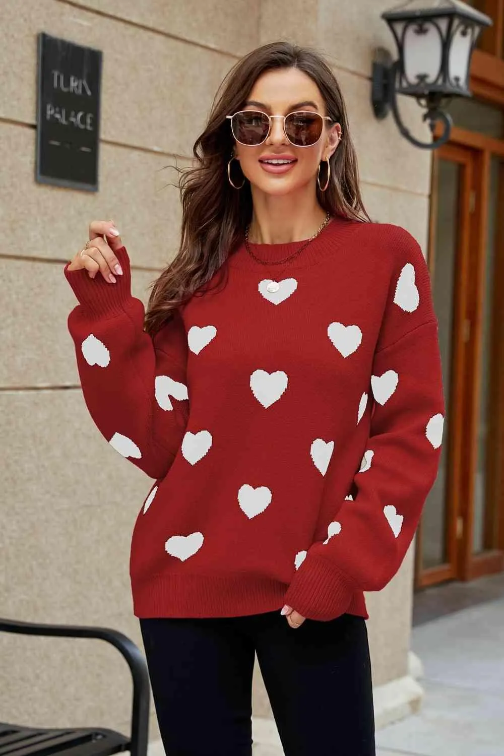 Love Letter Woven Right Heart Pattern Lantern Sleeve Round Neck Tunic Sweater