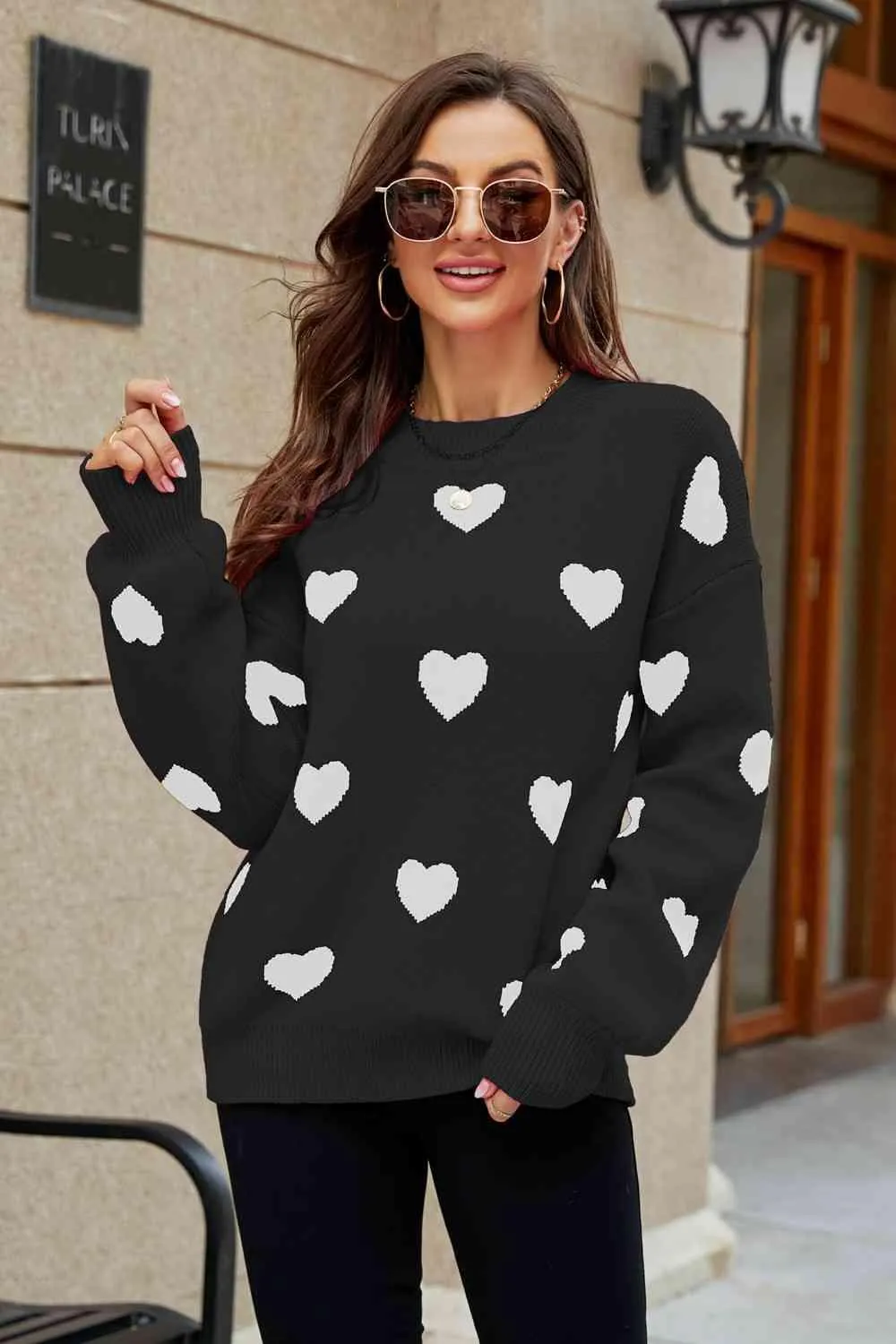 Love Letter Woven Right Heart Pattern Lantern Sleeve Round Neck Tunic Sweater