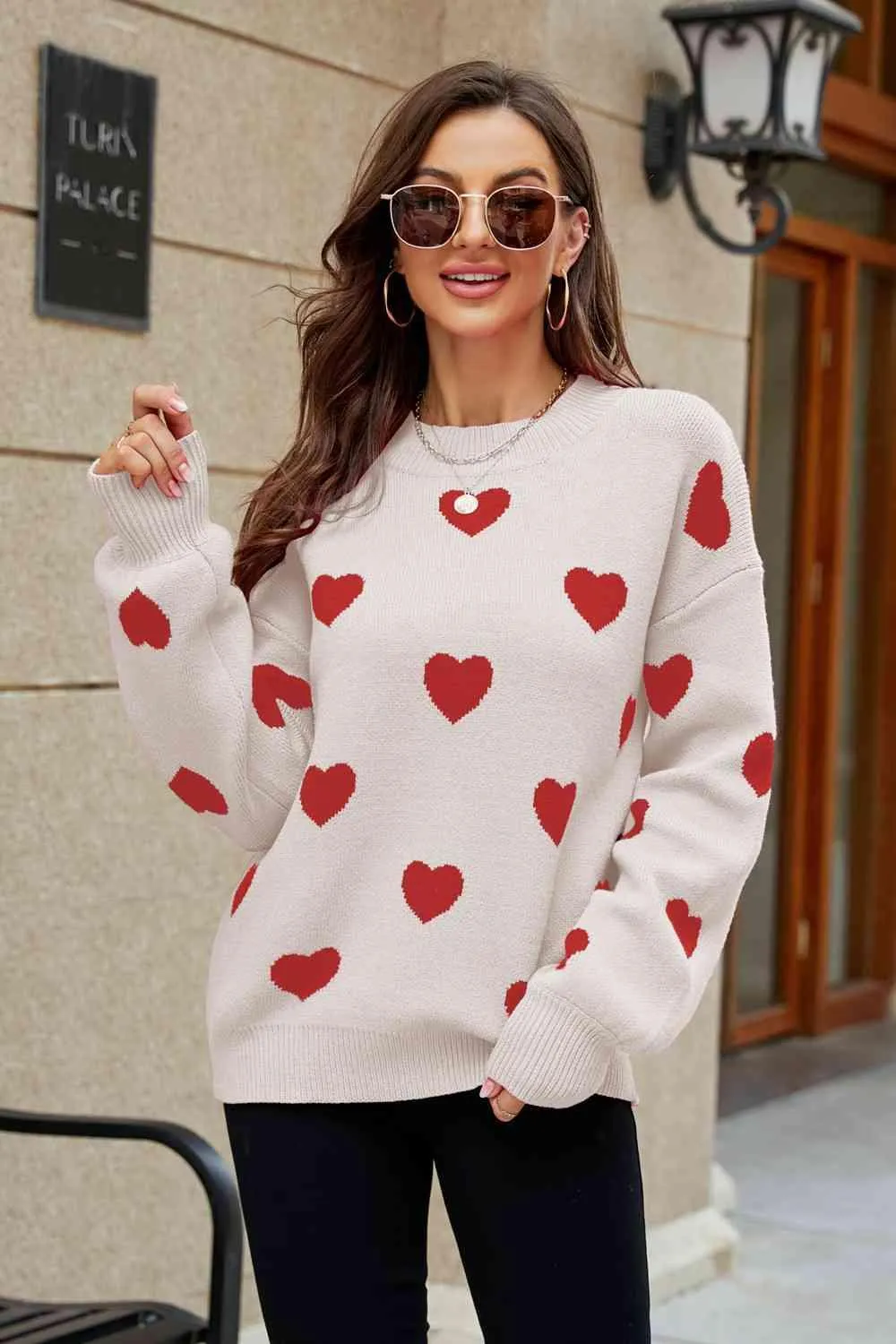 Love Letter Woven Right Heart Pattern Lantern Sleeve Round Neck Tunic Sweater