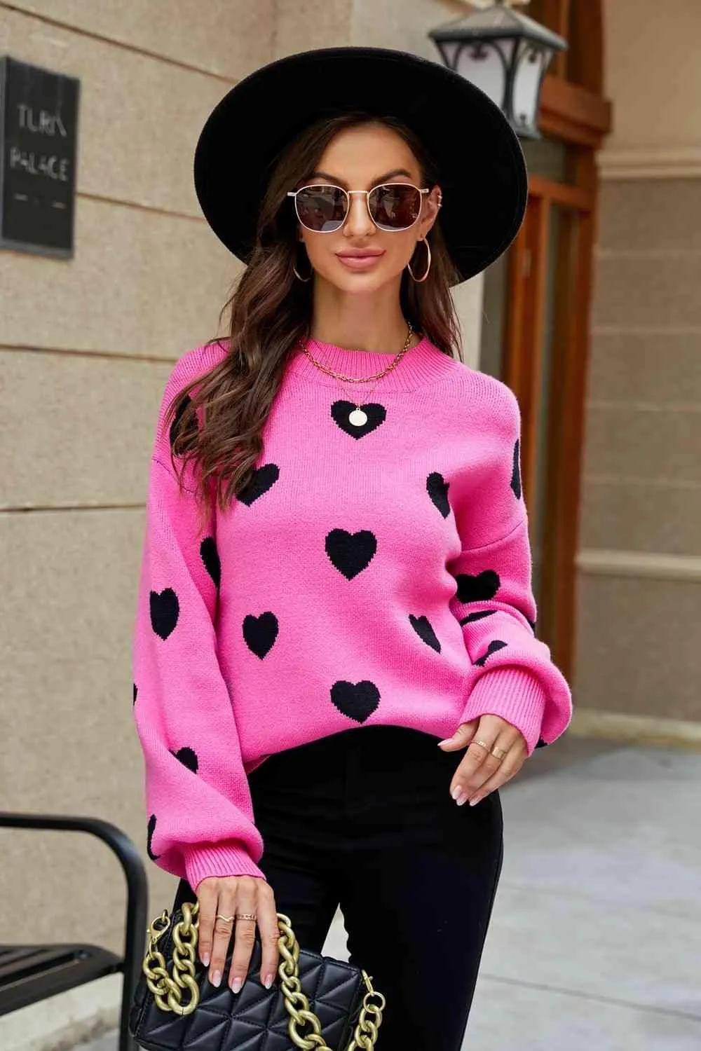 Love Letter Woven Right Heart Pattern Lantern Sleeve Round Neck Tunic Sweater