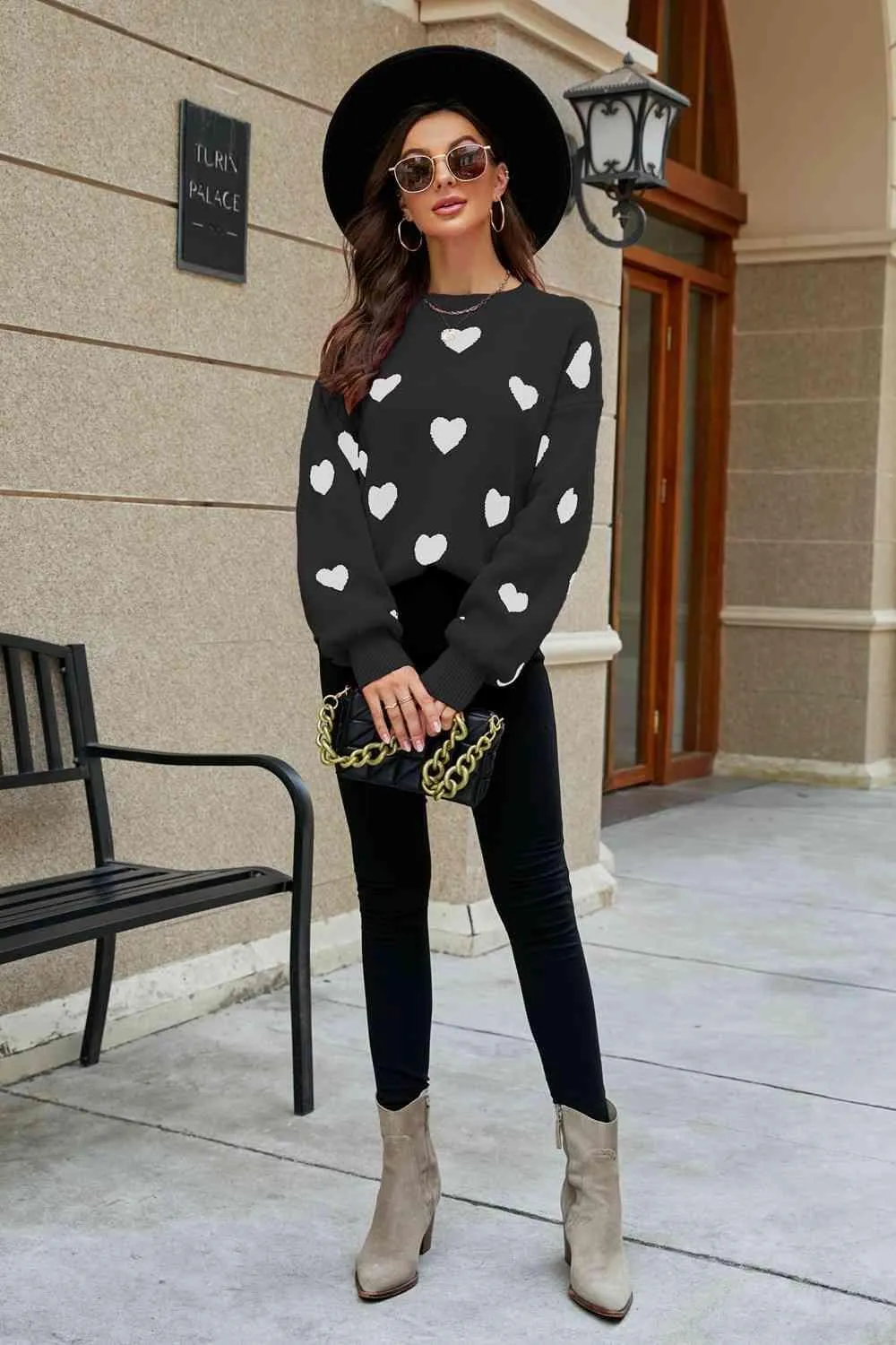 Love Letter Woven Right Heart Pattern Lantern Sleeve Round Neck Tunic Sweater