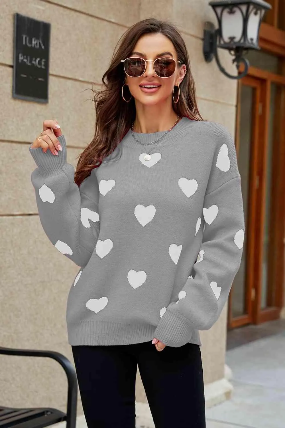 Love Letter Woven Right Heart Pattern Lantern Sleeve Round Neck Tunic Sweater