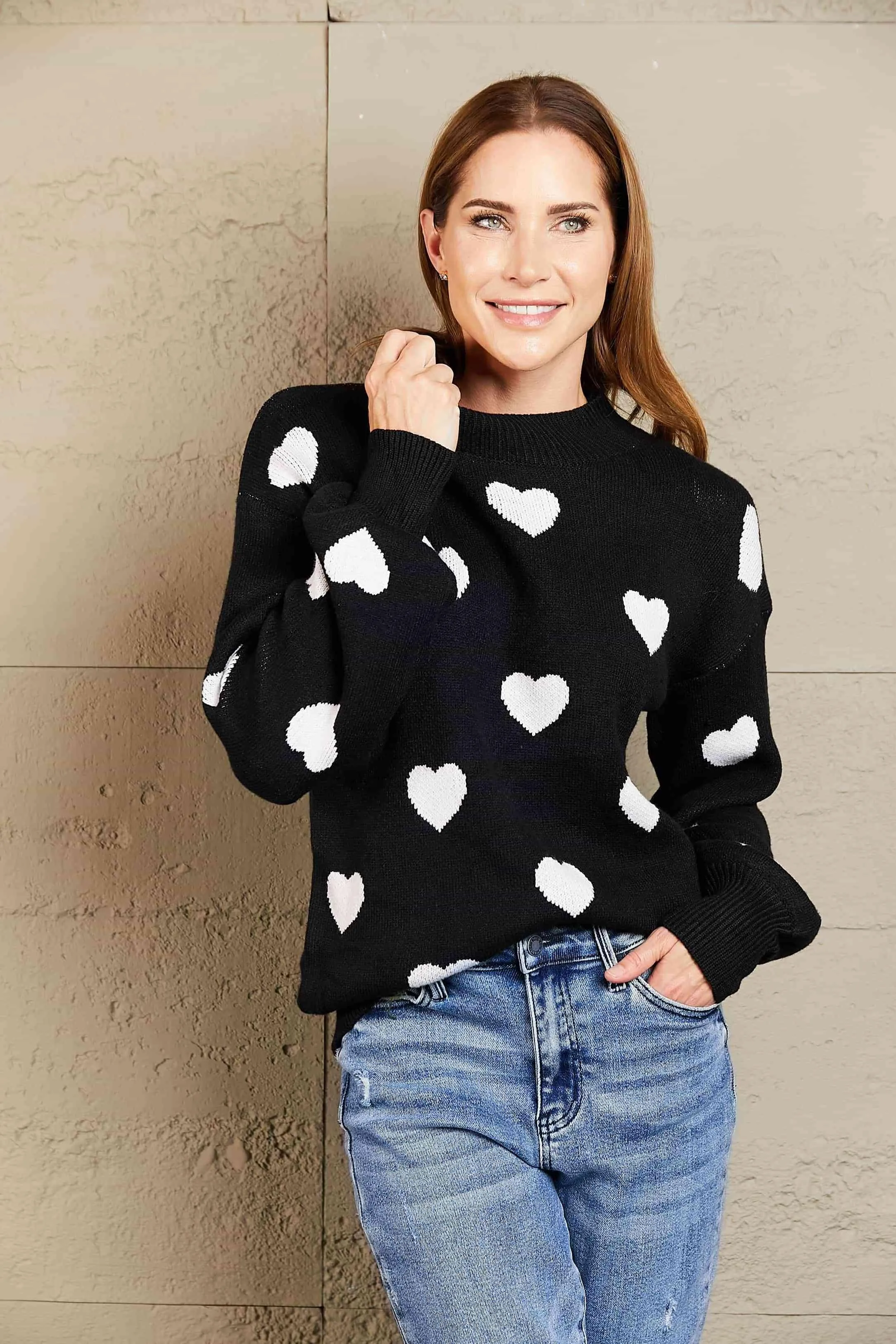 Love Letter Woven Right Heart Pattern Lantern Sleeve Round Neck Tunic Sweater