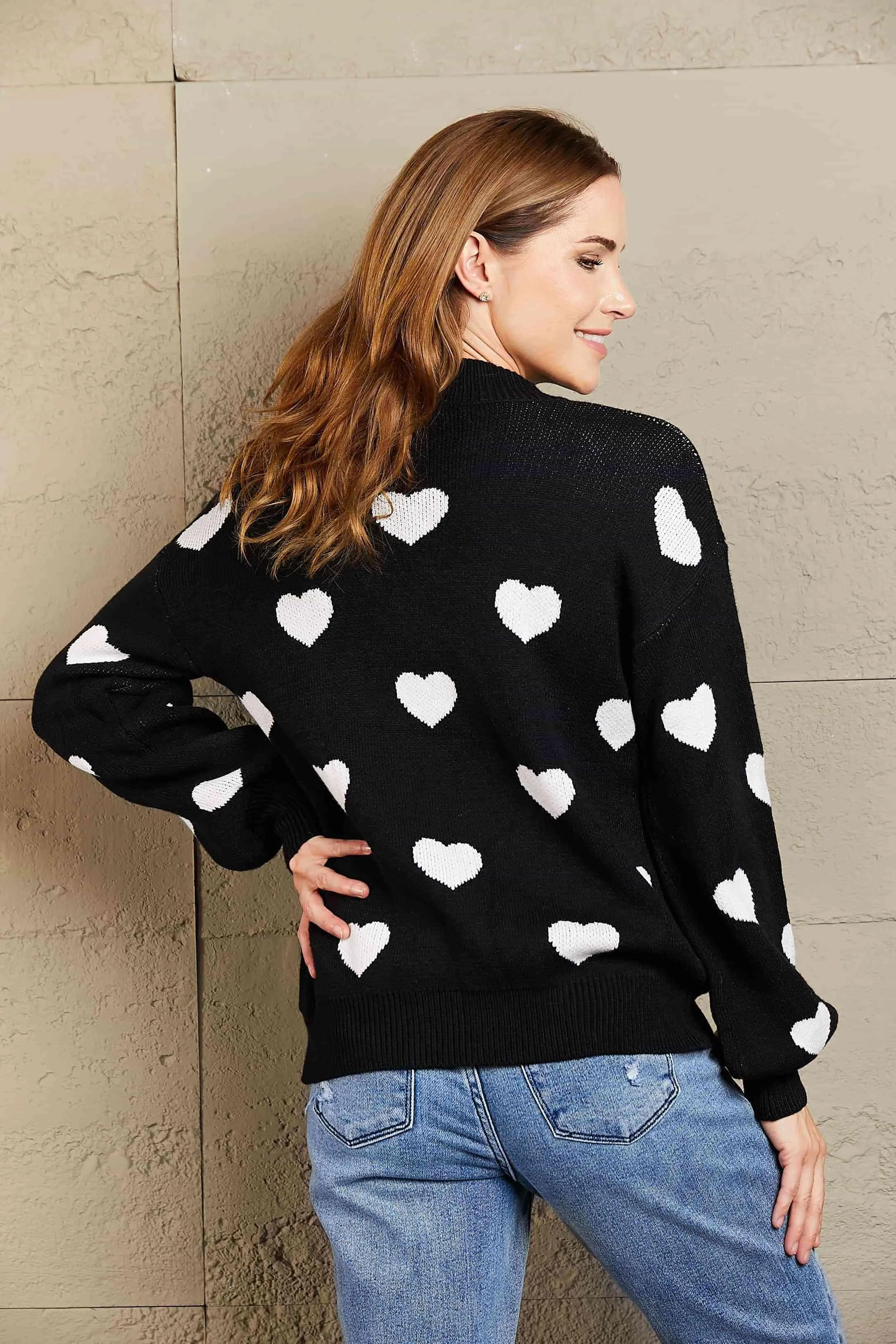 Love Letter Woven Right Heart Pattern Lantern Sleeve Round Neck Tunic Sweater