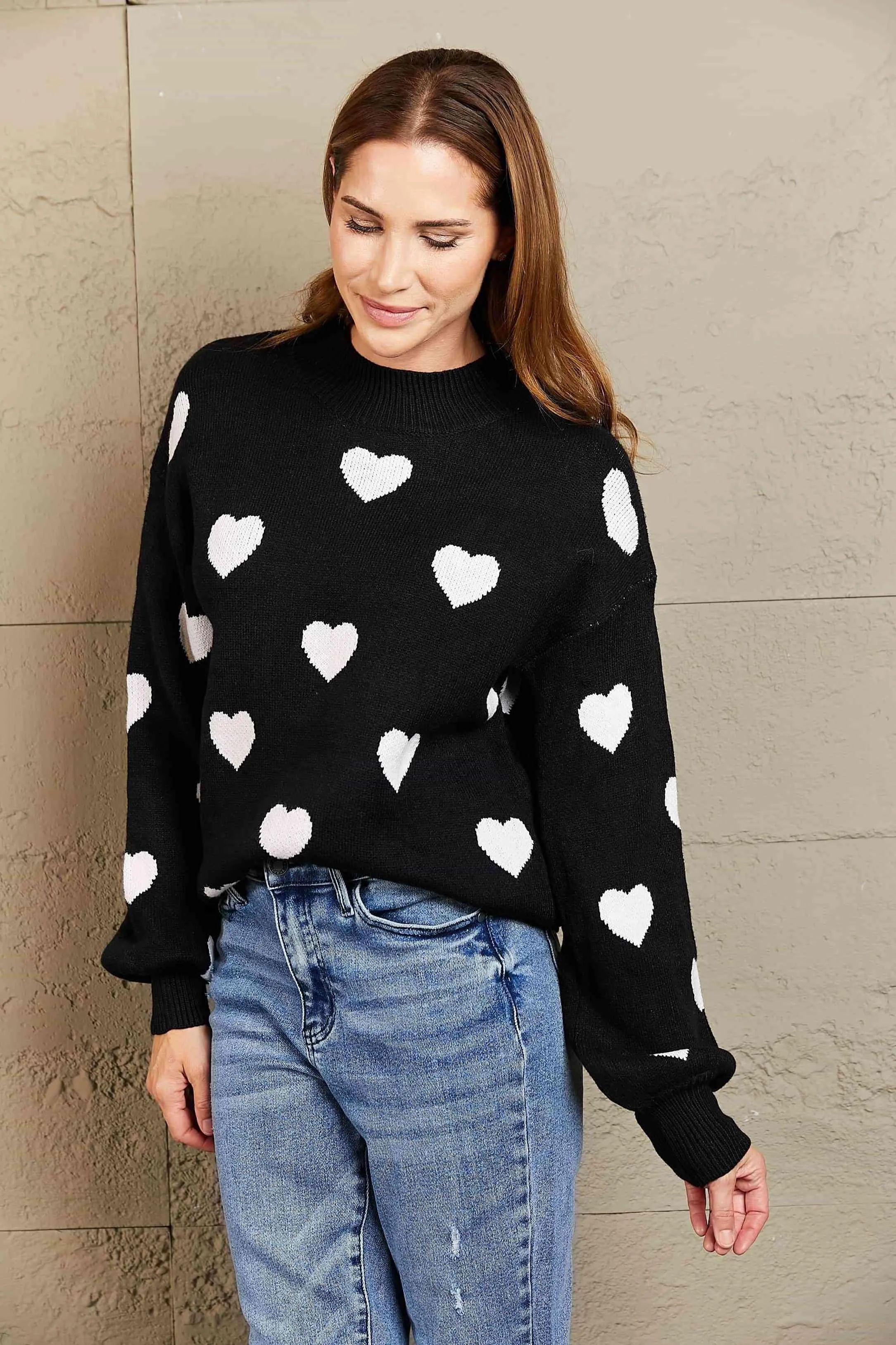 Love Letter Woven Right Heart Pattern Lantern Sleeve Round Neck Tunic Sweater