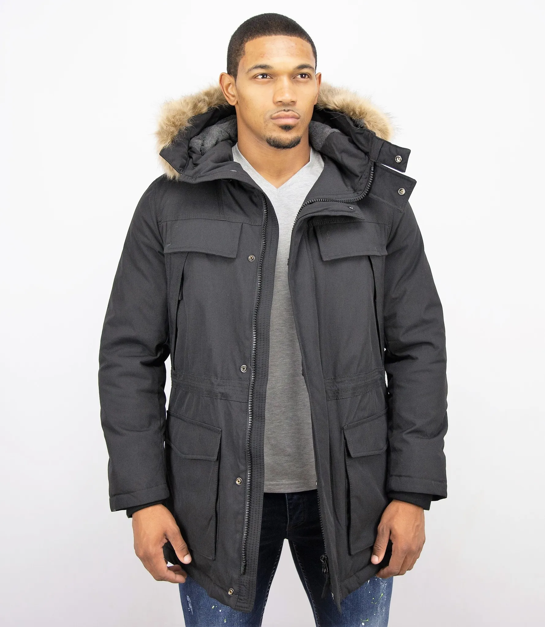 Men Long Winter Coat Parka Black |