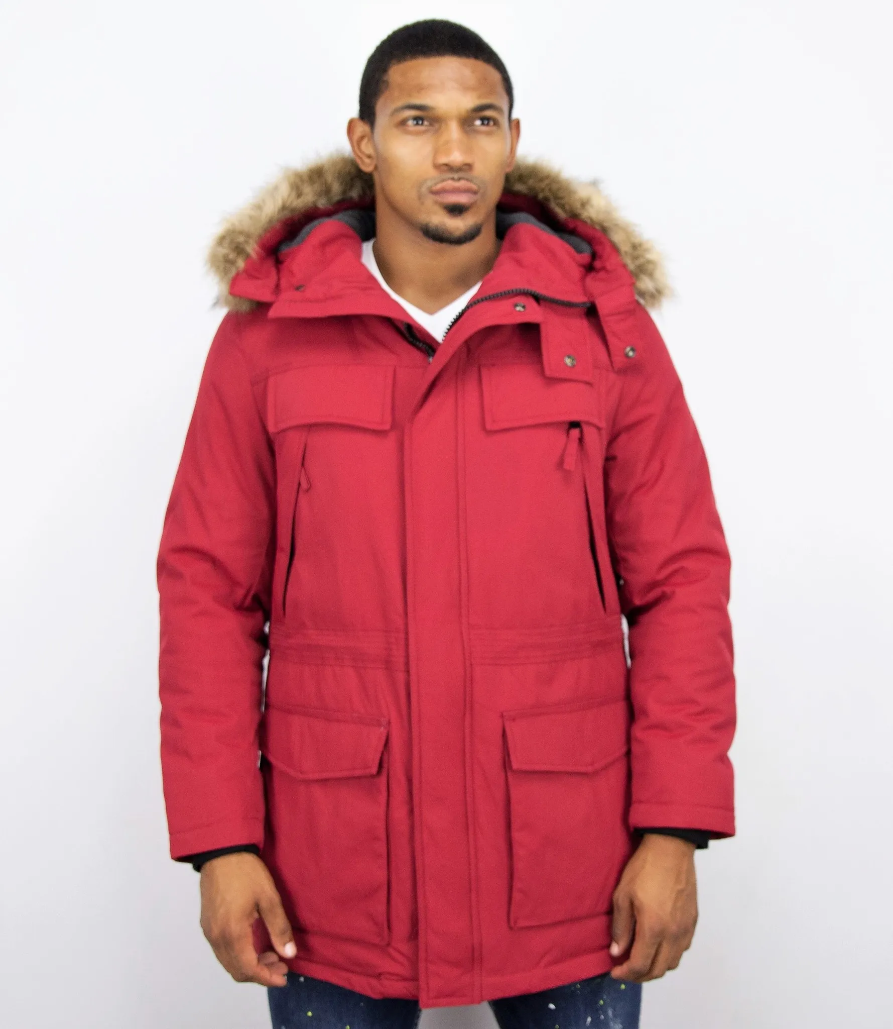 Men Long Winter Coat Parka Red |