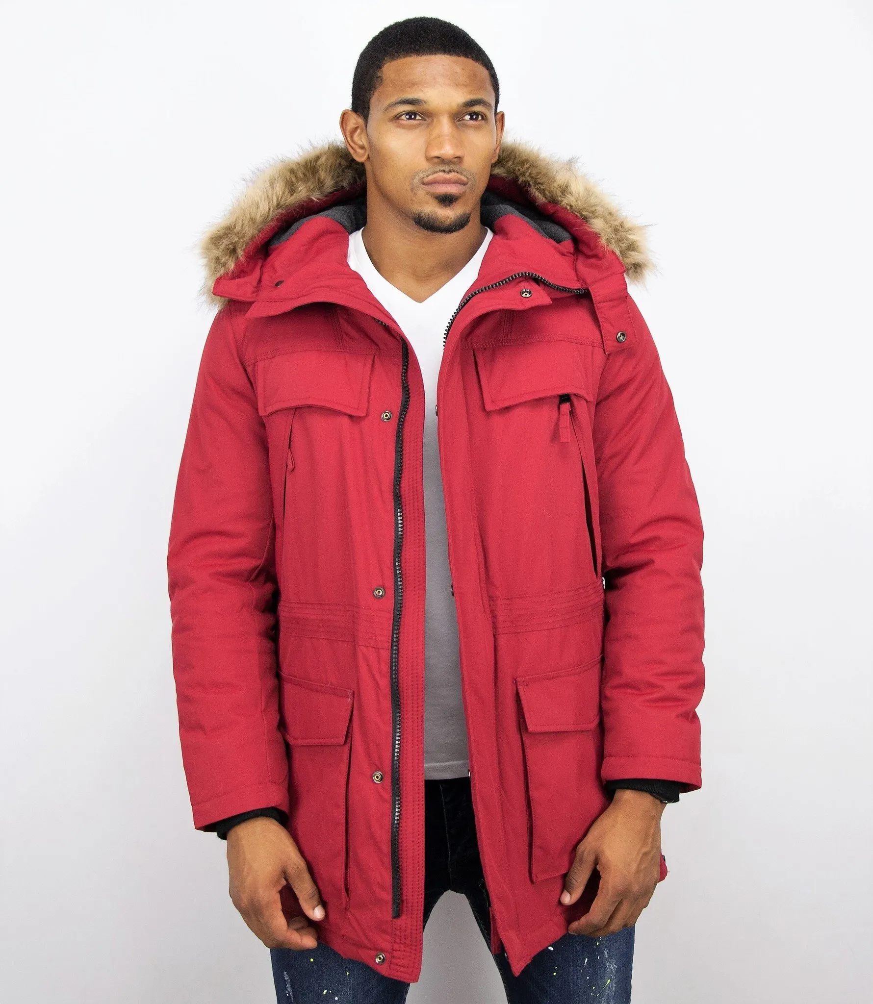 Men Long Winter Coat Parka Red |