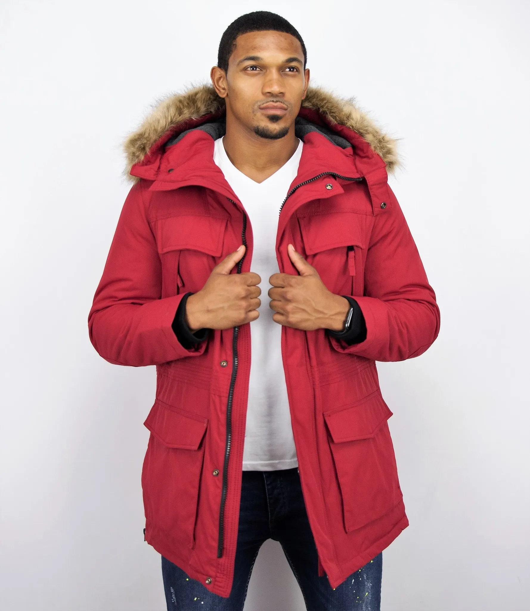 Men Long Winter Coat Parka Red |