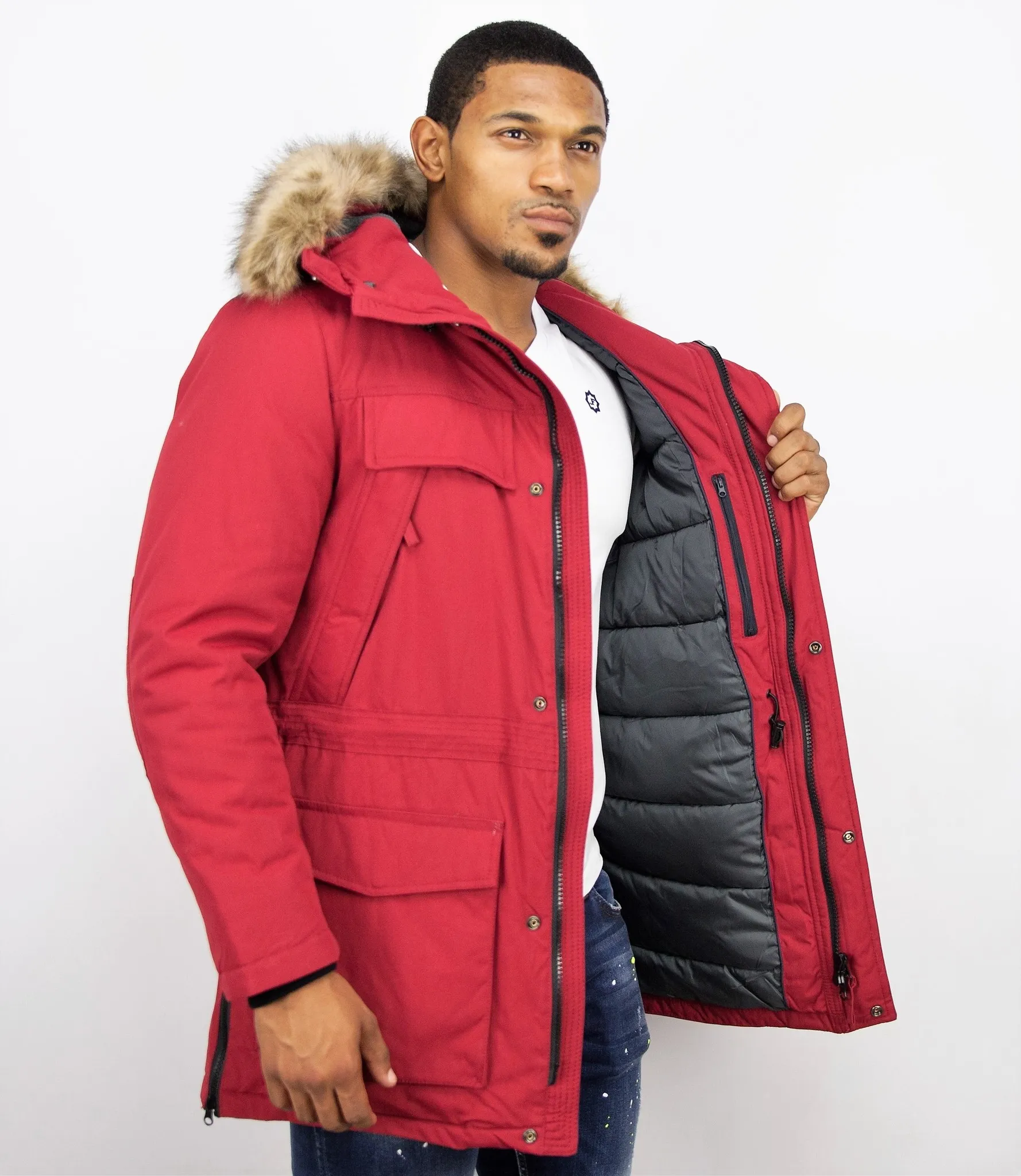 Men Long Winter Coat Parka Red |