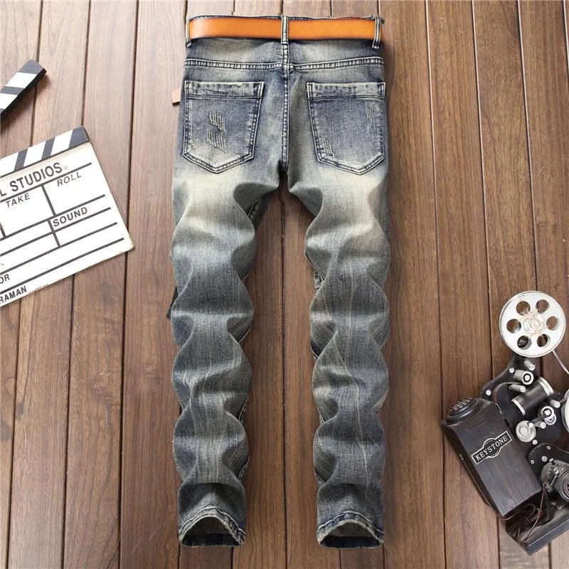 Men's Vintage Ripped Slim Straight Jeans with Letter Embroidery Patchwork