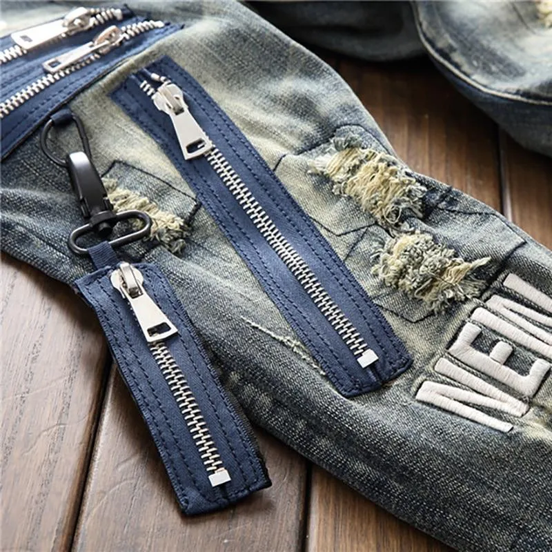 Men's Vintage Ripped Slim Straight Jeans with Letter Embroidery Patchwork