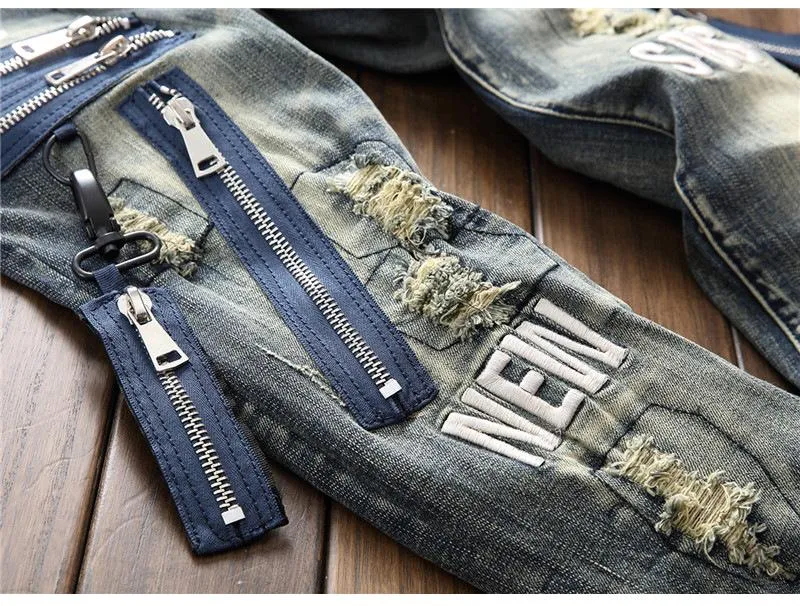 Men's Vintage Ripped Slim Straight Jeans with Letter Embroidery Patchwork