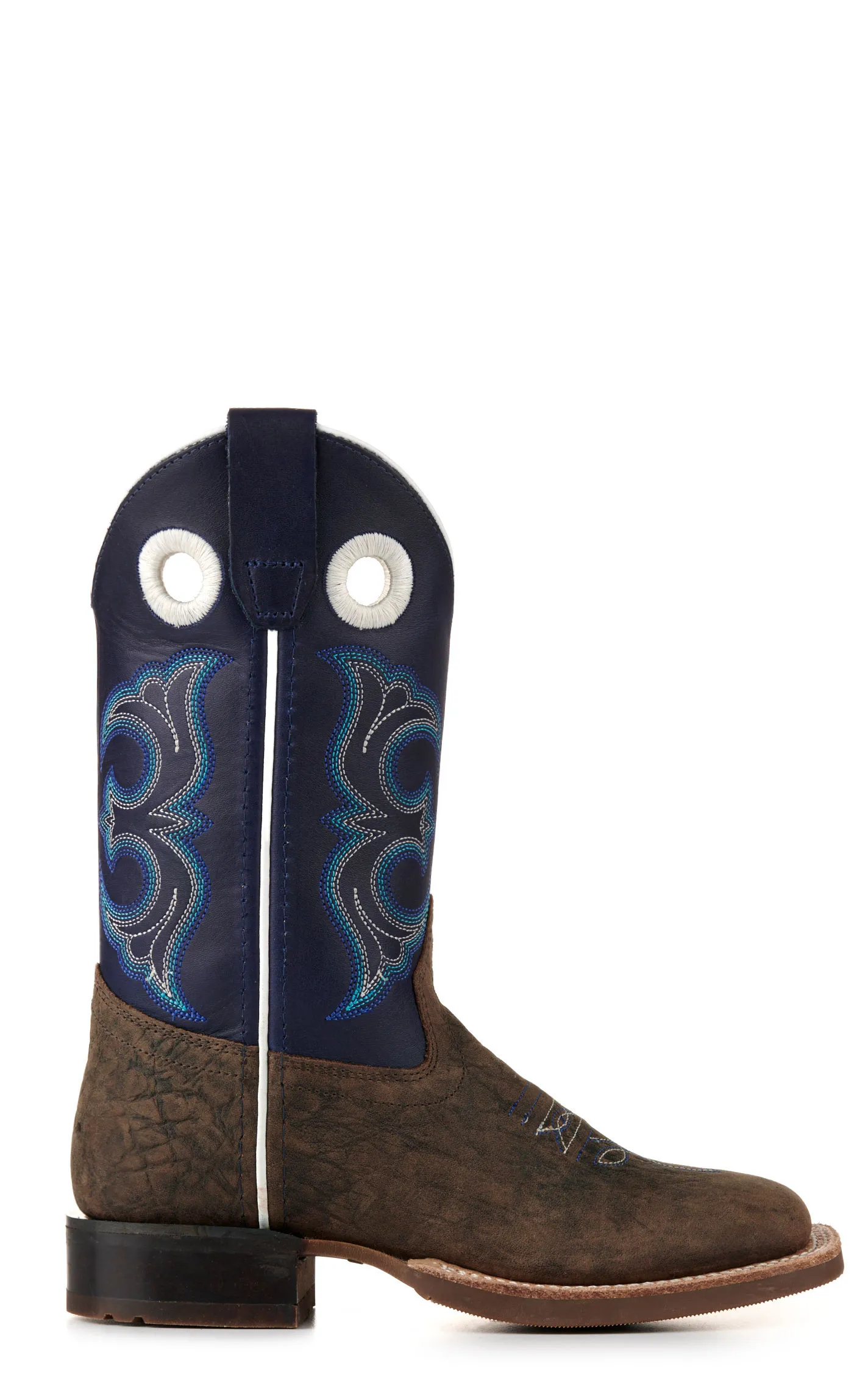 Old West Kids Dark Brown and Blue Wide Square Toe Cowboy Boots