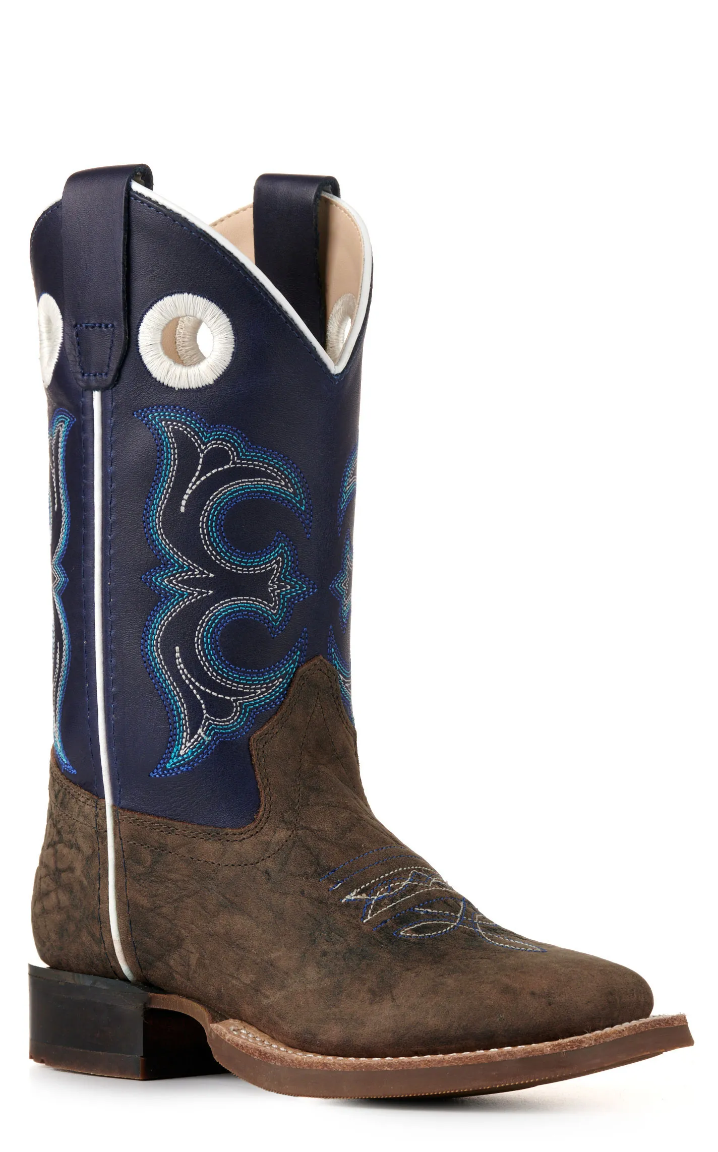 Old West Kids Dark Brown and Blue Wide Square Toe Cowboy Boots