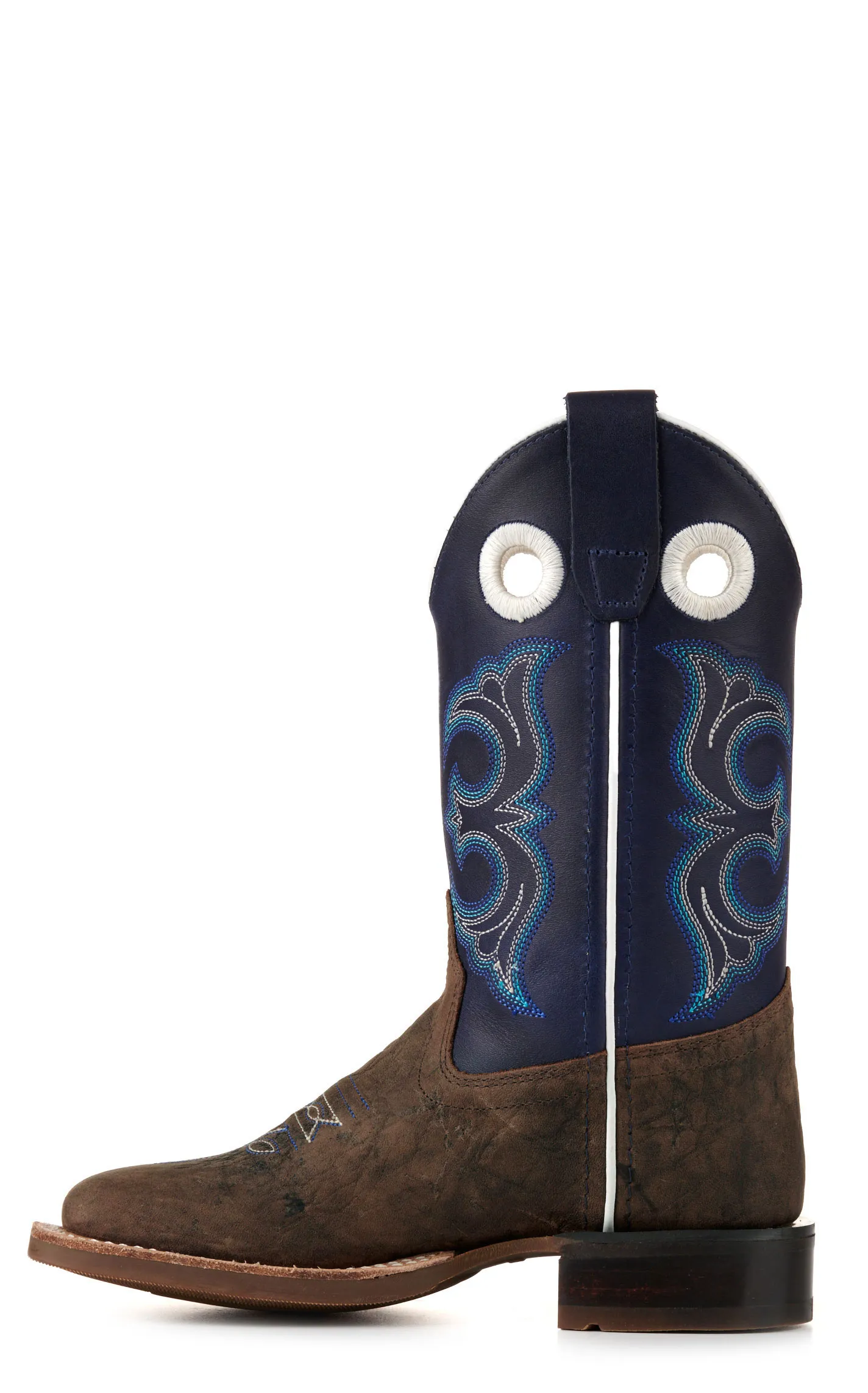 Old West Kids Dark Brown and Blue Wide Square Toe Cowboy Boots