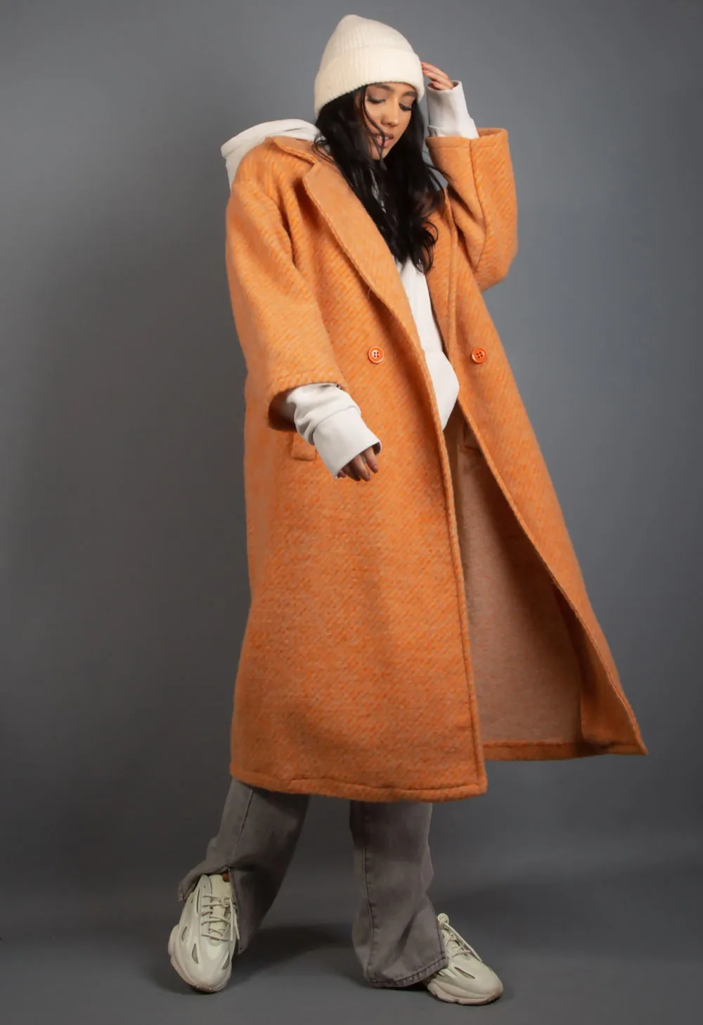 Orange Wool Blend Longline Duster Coat