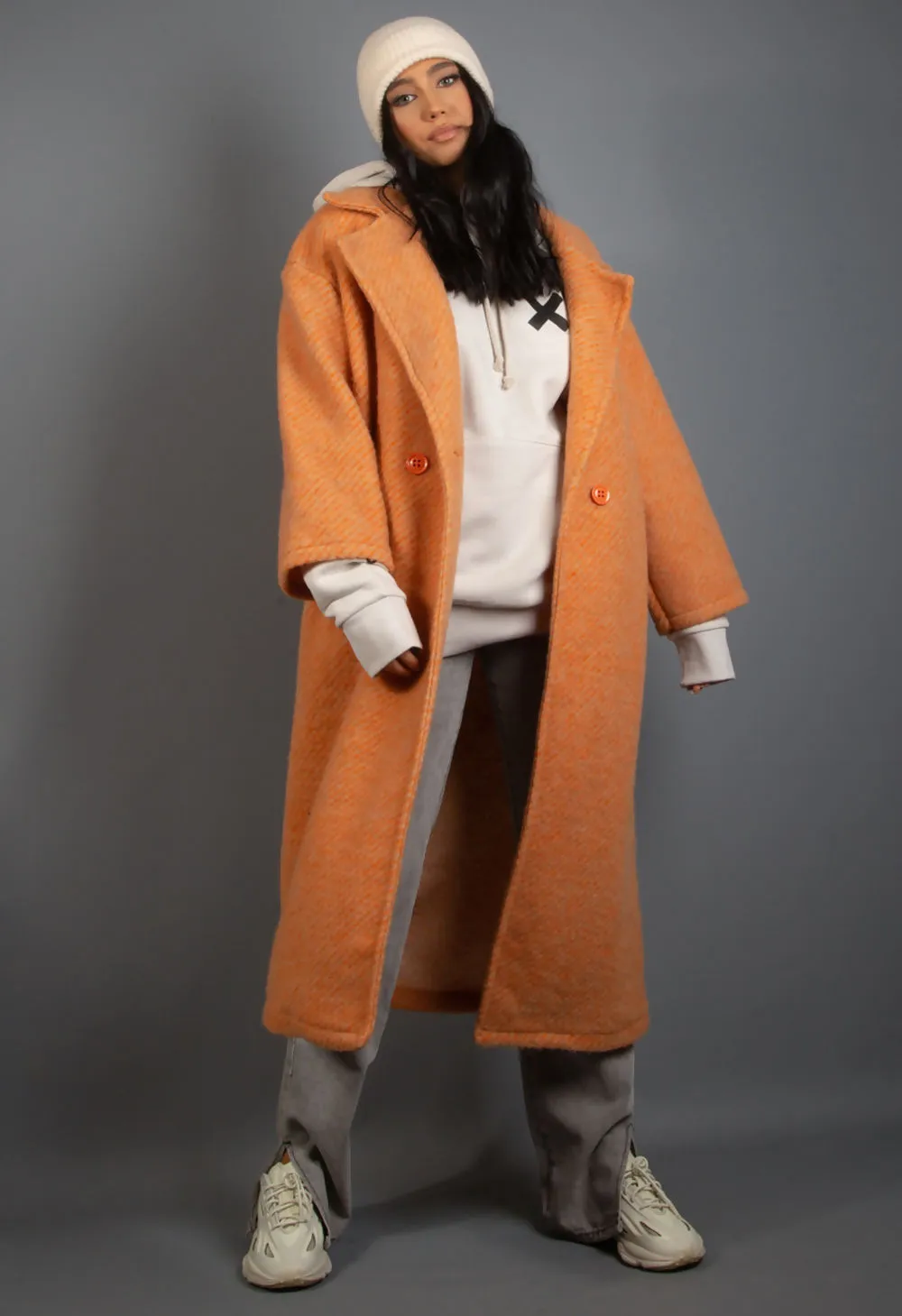 Orange Wool Blend Longline Duster Coat