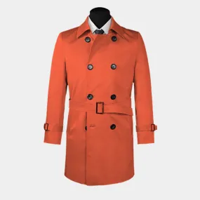 Red belted double-breasted trench coat