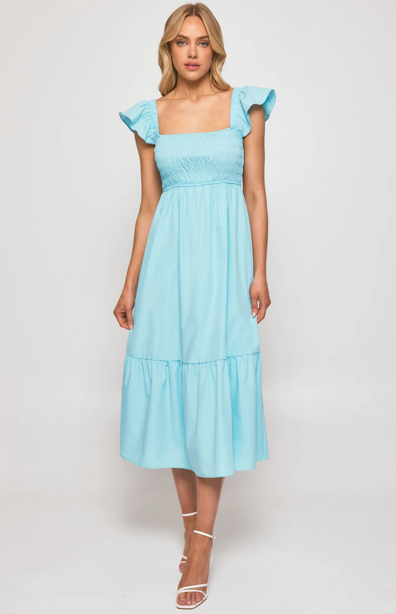 Ruffle Sleeve Midi Dress with Shirred Bodice (SDR1293A)