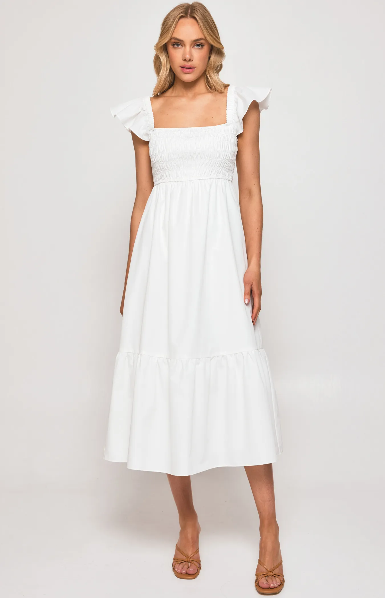 Ruffle Sleeve Midi Dress with Shirred Bodice (SDR1293A)