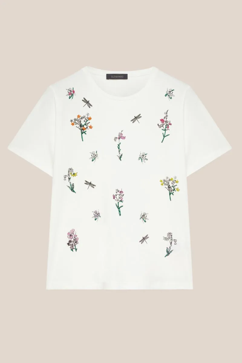 T-shirt con ricamo floreale donna Bianco