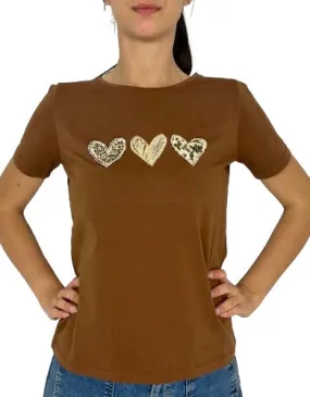 T-SHIRT DONNA MARRONE CON CUORI