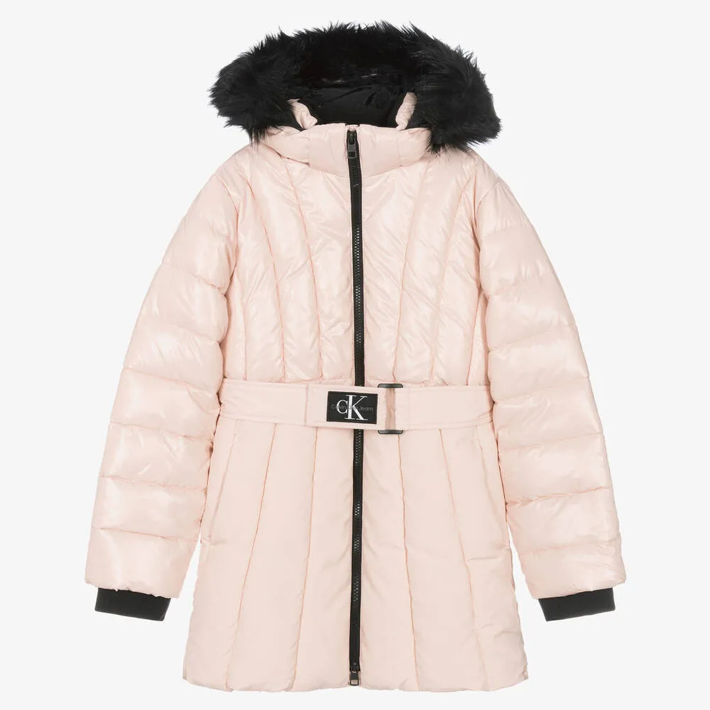 Teen Girls Pink Belted Puffer Coat