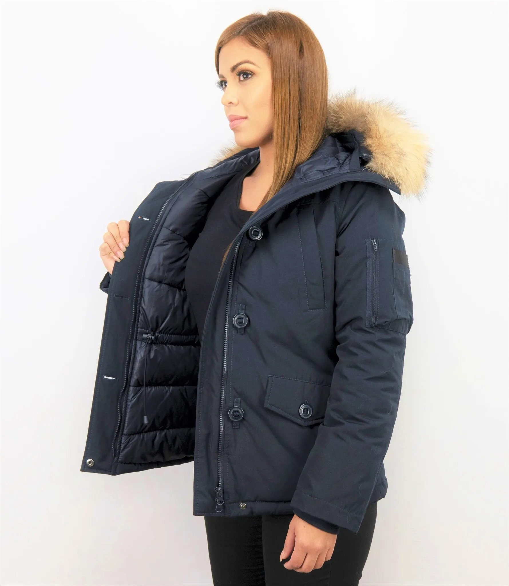 TheBrand Fur Collar Coat - Women's Winter Coat Short - Parka Stitch Bag - Blue