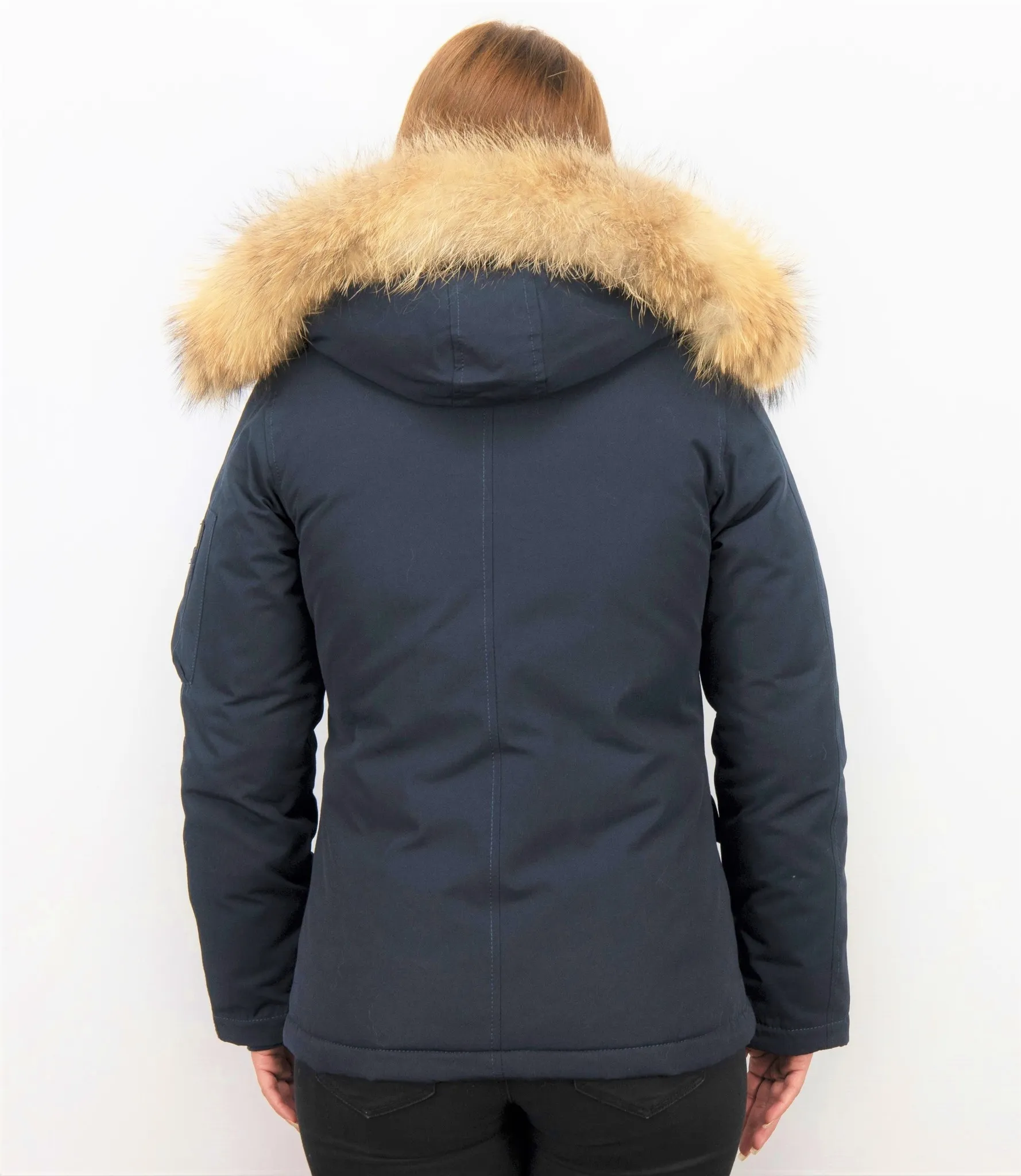 TheBrand Fur Collar Coat - Women's Winter Coat Short - Parka Stitch Bag - Blue