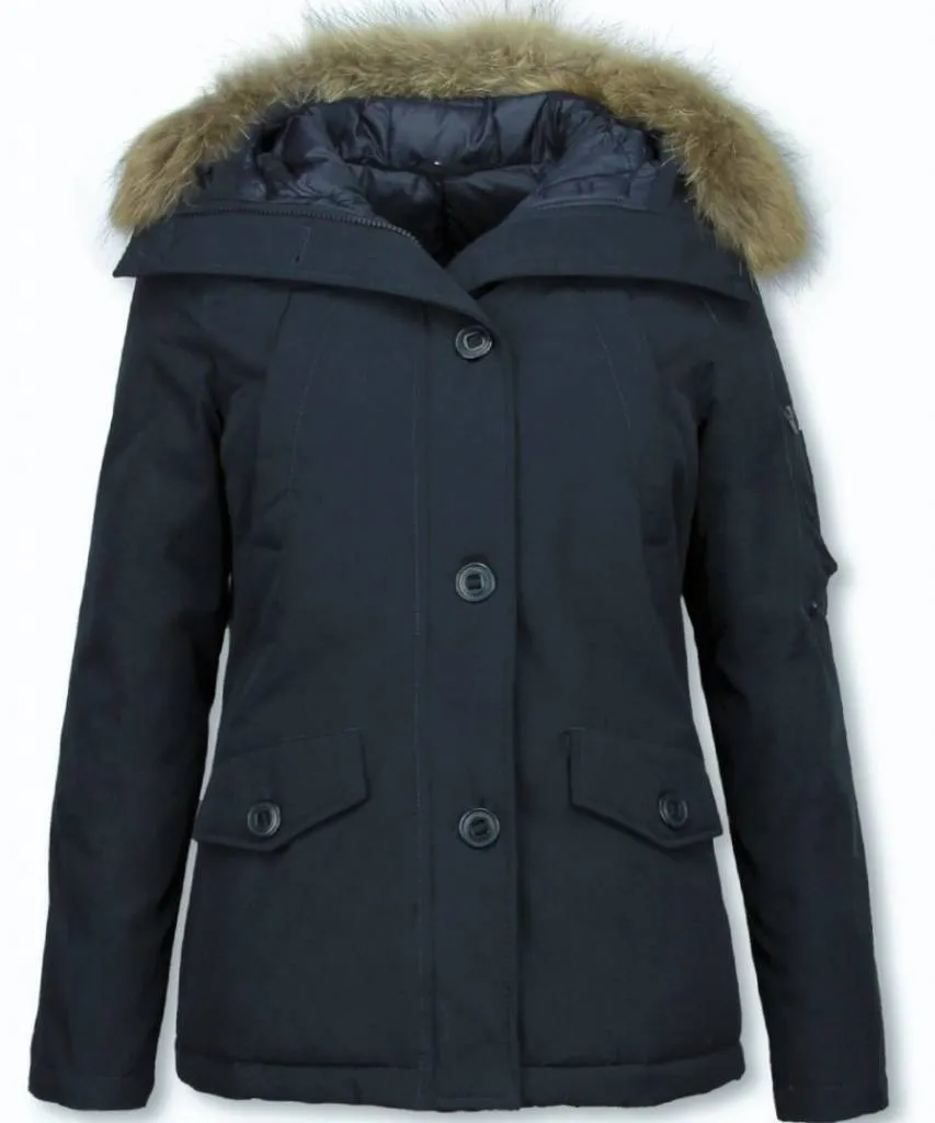 TheBrand Fur Collar Coat - Women's Winter Coat Short - Parka Stitch Bag - Blue