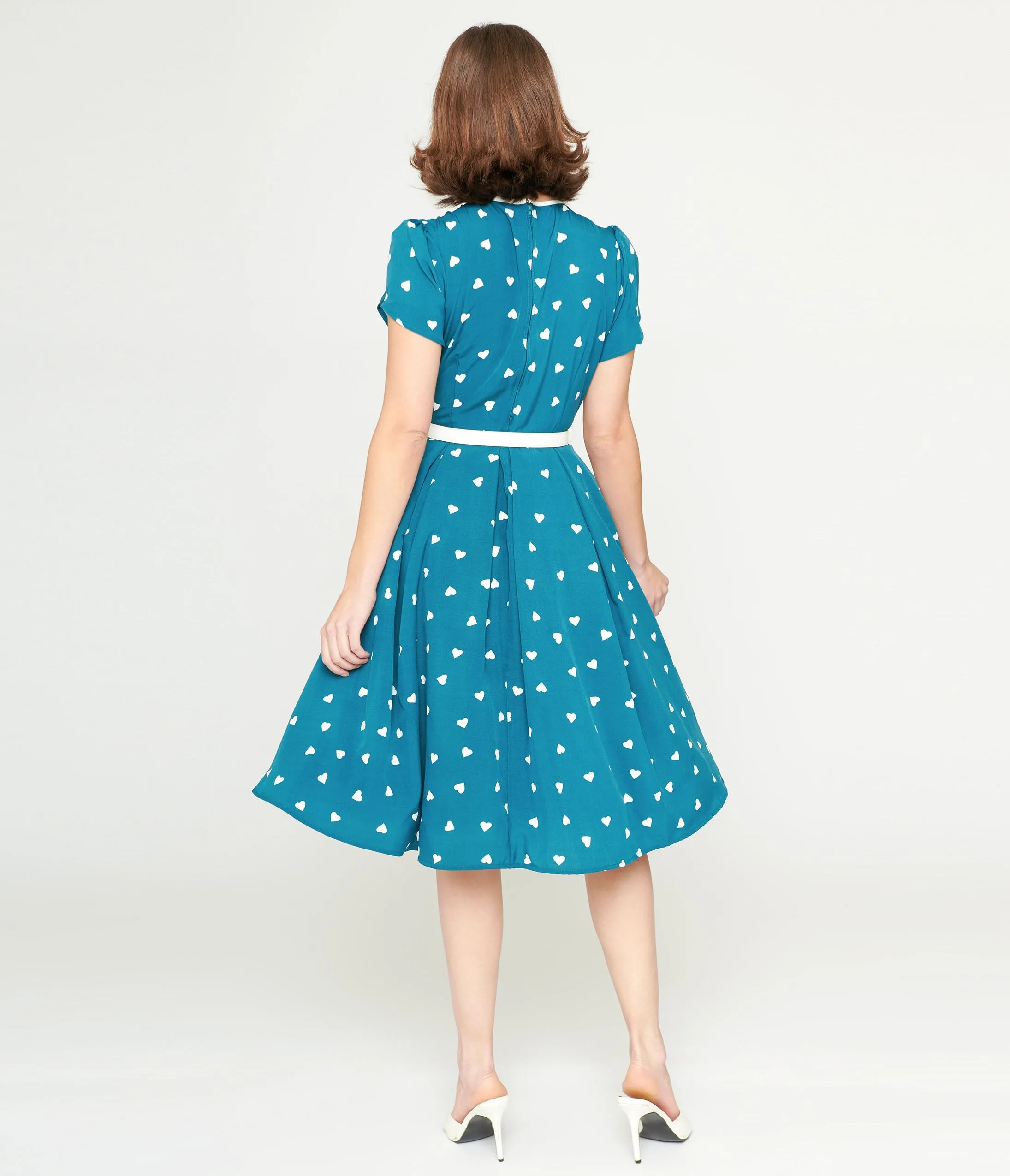 Unique Vintage 1940s Teal & White Heart Dahlia Swing Dress