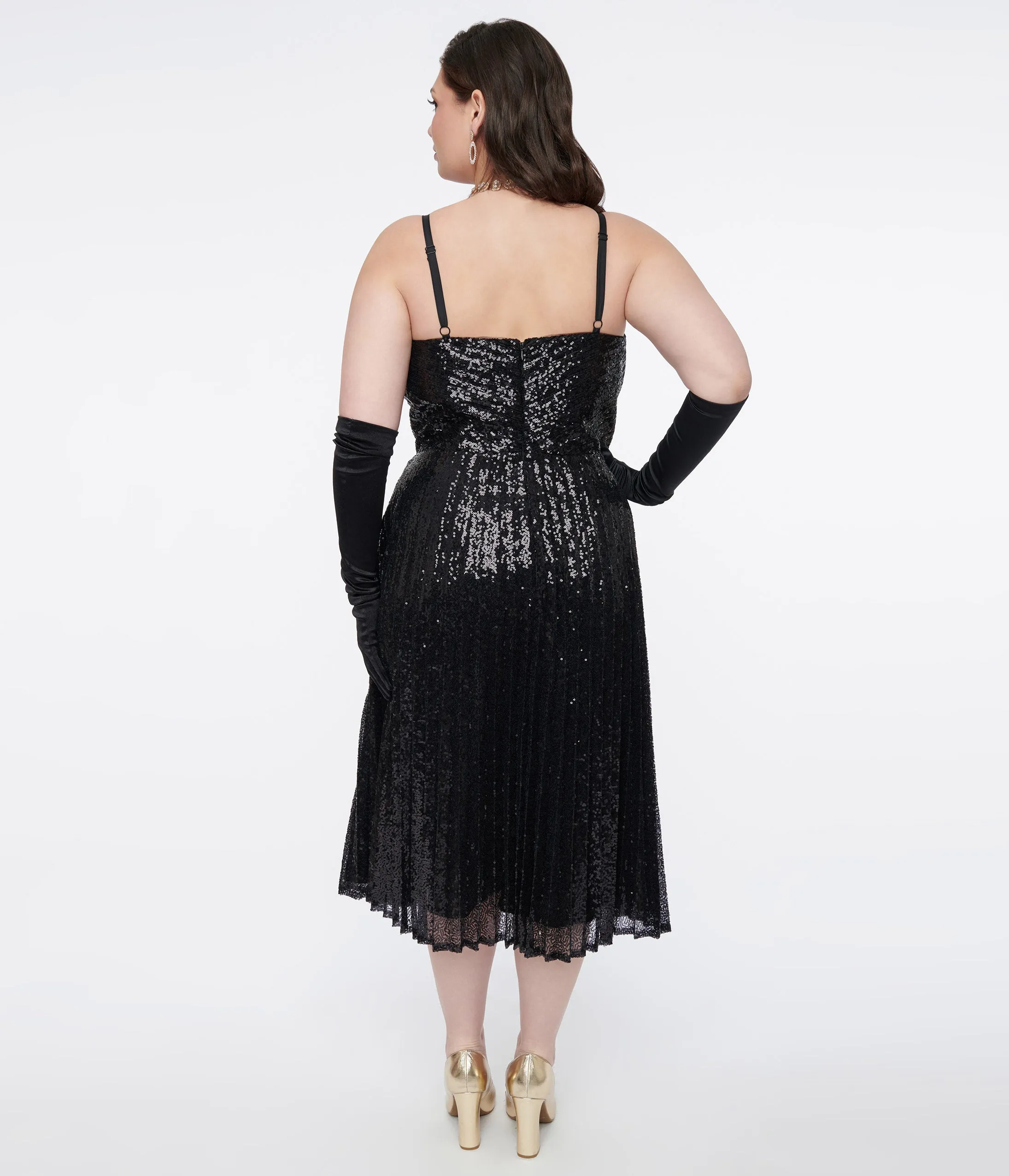 Unique Vintage Plus Size 1950s Black Pleated Sequin Swing Dress