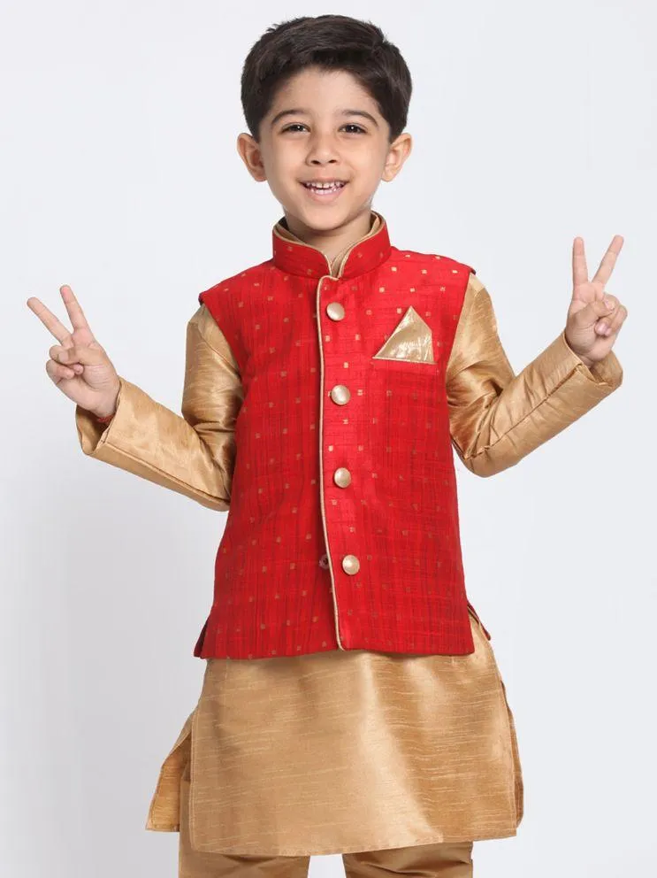 VASTRAMAY Boys Maroon Woven Design Nehru Jacket