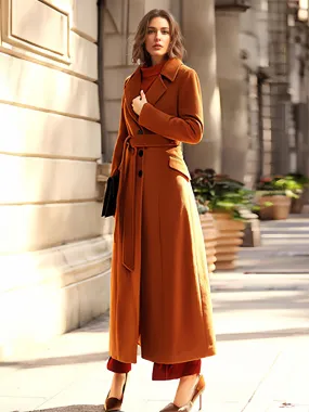 Woman Wool Blend Coat Coffee Brown Turndown Collar Full Length Winter Wrap Coat