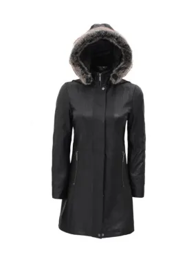 Women Black Leather Hooded Shearling Coat